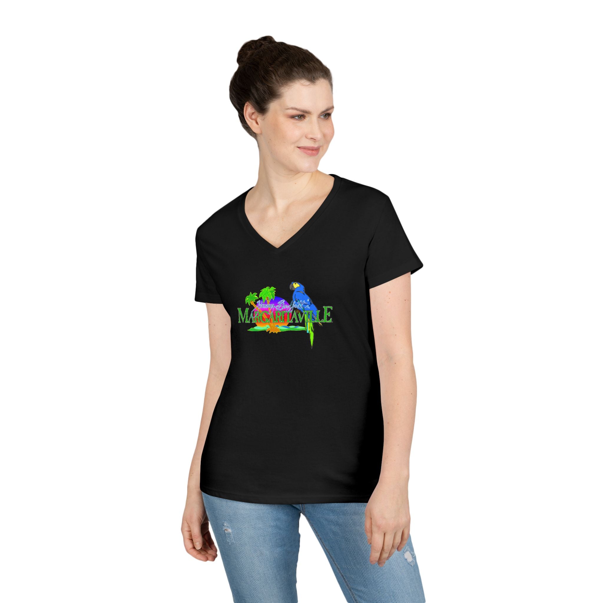 Colorful V-Neck T-Shirt with Tropical Birds Design, Cute Summer Top, Gift for Bird Lovers, Casual Wear, Vacation Outfit