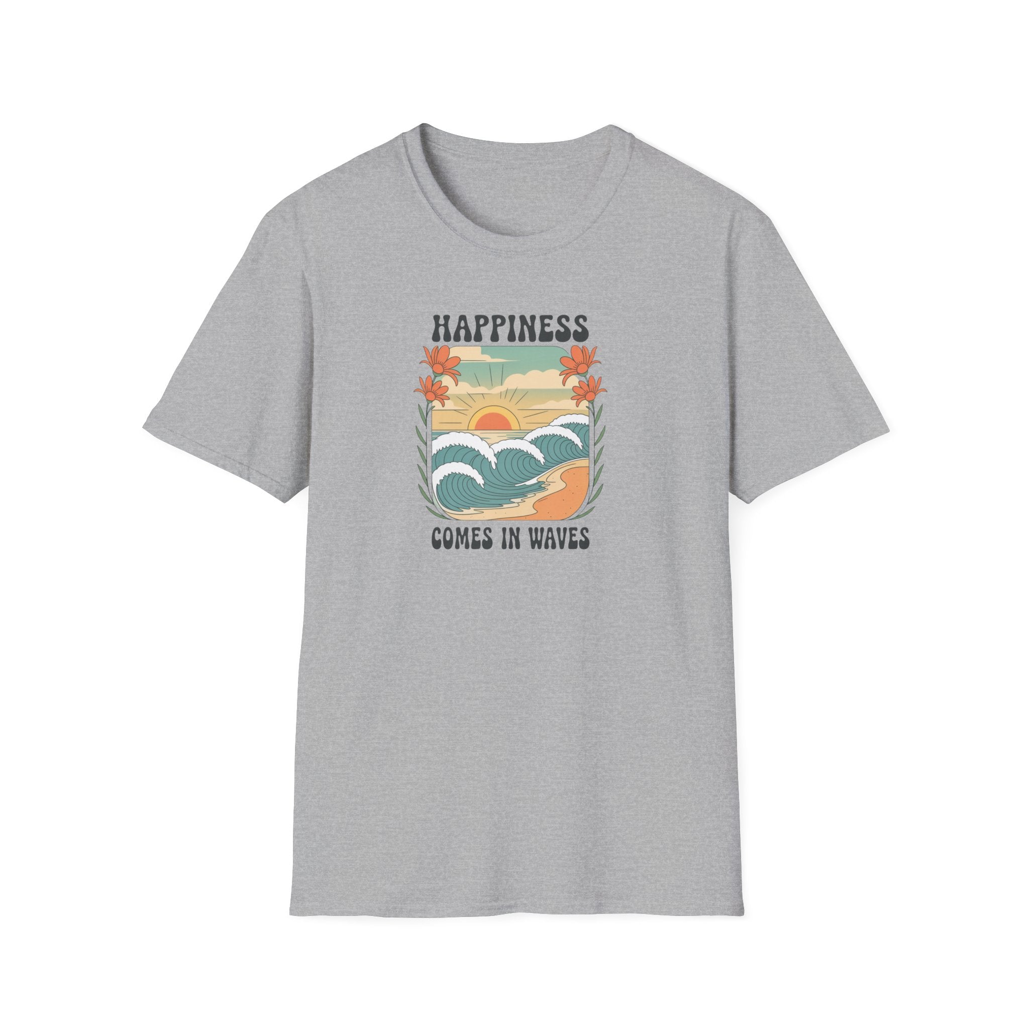 Happiness Comes in Waves T-Shirt, Unisex Softstyle Tee, Summer Graphic Tee, Beach Lover Shirt, Vacation Outfit, Gift for Nature Lovers