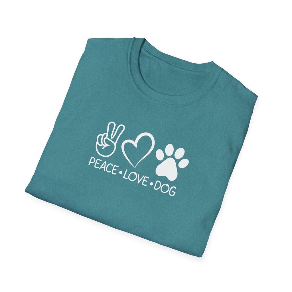 Peace Love Dog Unisex Softstyle T-Shirt, Perfect Gift for Dog Lovers, Casual Wear, Pet Lovers' Day, Adoption Events, Animal Lovers