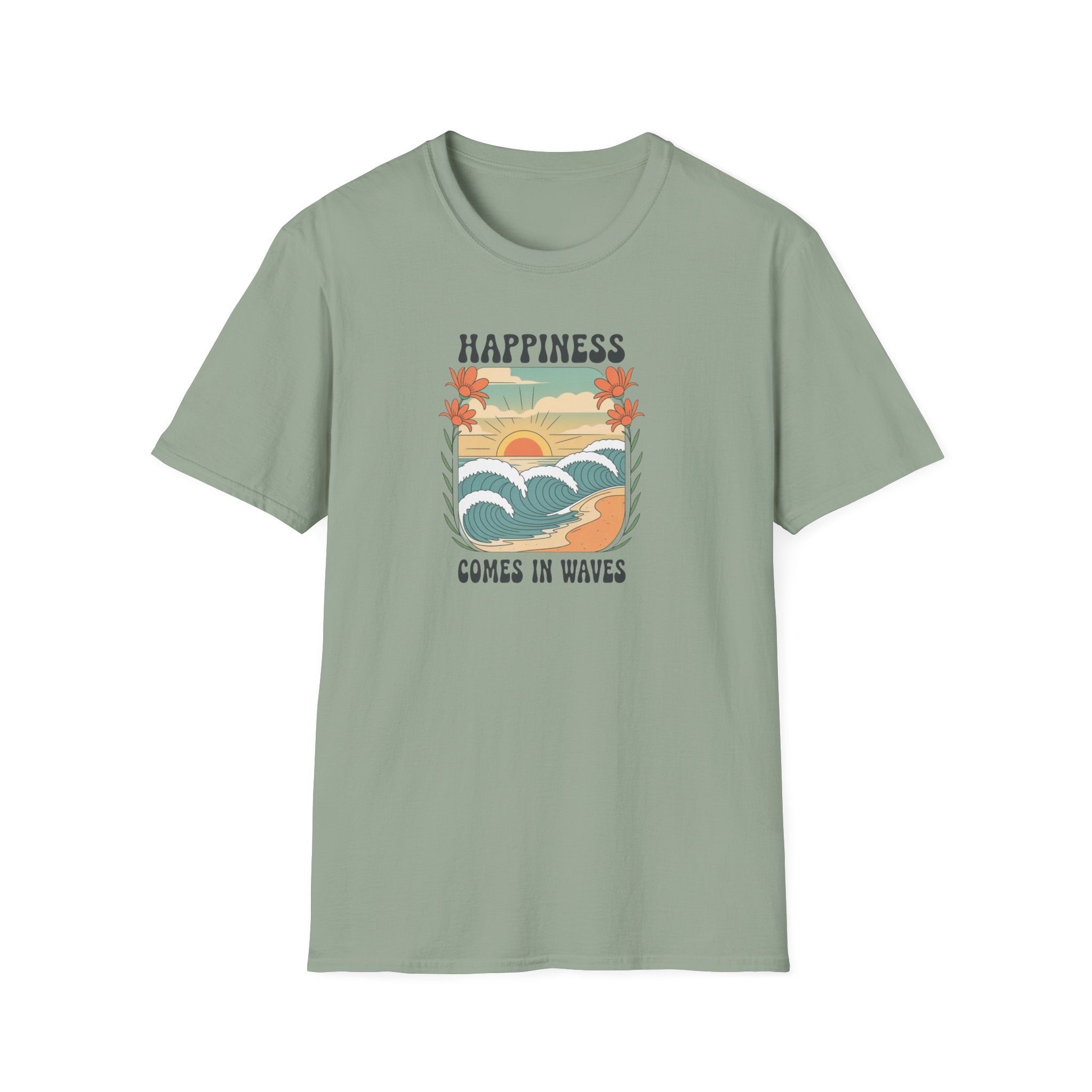 Happiness Comes in Waves T-Shirt, Unisex Softstyle Tee, Summer Graphic Tee, Beach Lover Shirt, Vacation Outfit, Gift for Nature Lovers
