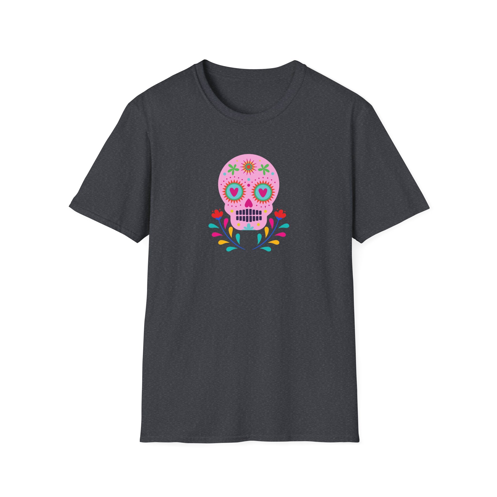 Colorful Skull Graphic T-Shirt, Day of the Dead Shirt, Unisex Softstyle Tee for Celebrations, Gifts for Her & Him