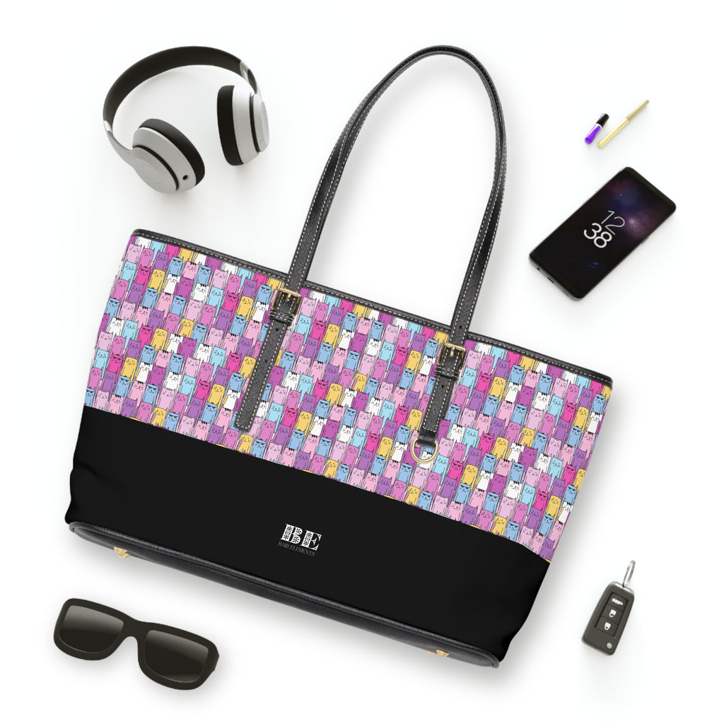 Colorful Cat Leather Tote Bag, PU Leather Tote