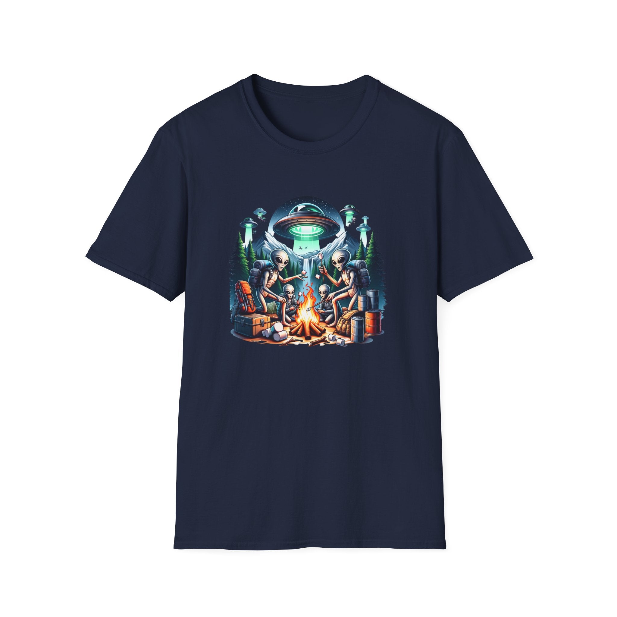 Alien Campfire T-Shirt, Tee for UFO Enthusiasts, Fun Gifts for Halloween and Sci-Fi Lovers, Unisex Tee