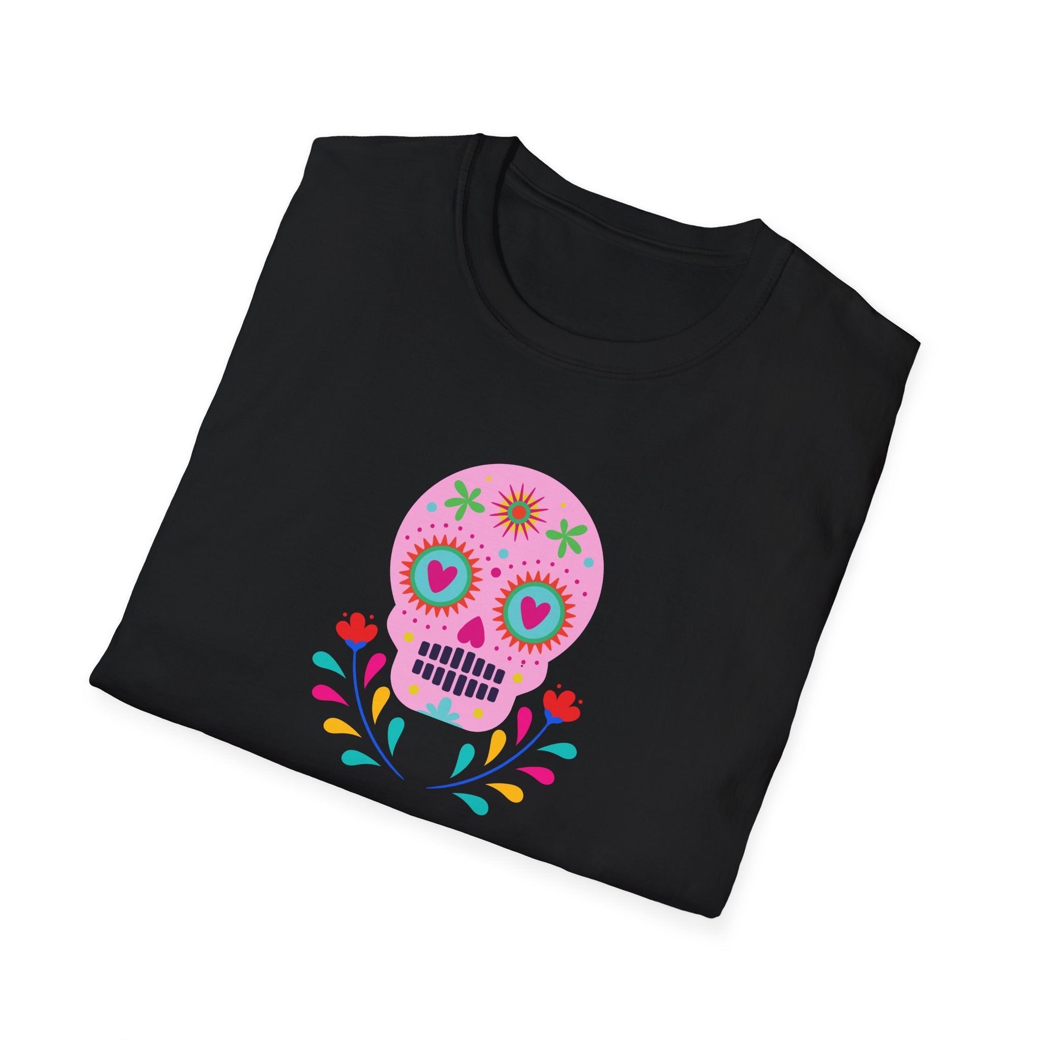 Colorful Skull Graphic T-Shirt, Day of the Dead Shirt, Unisex Softstyle Tee for Celebrations, Gifts for Her & Him