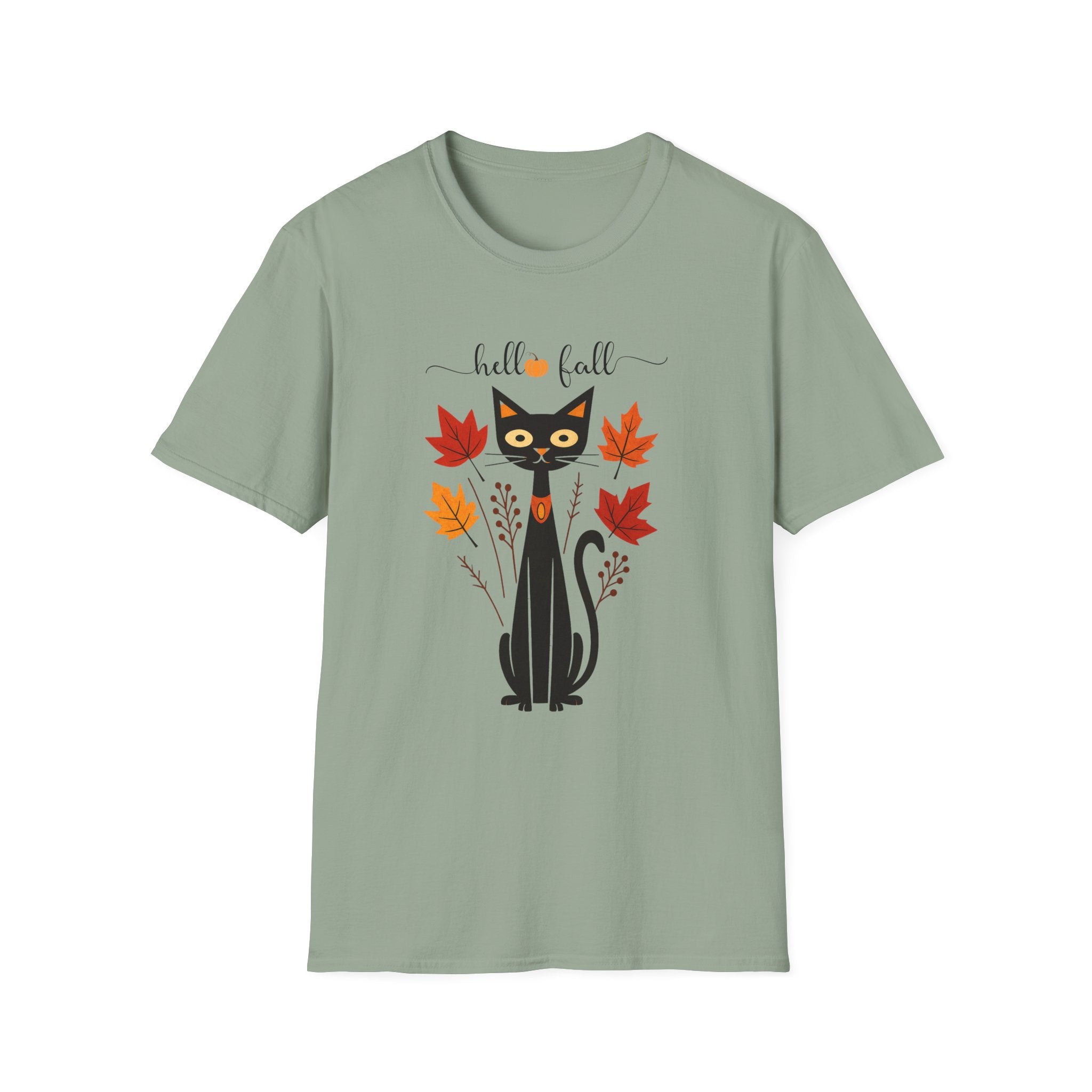 Retro Art Deco Hello Fall Cat T-Shirt, Fall Design Tee, Unisex Shirt, 60s Cat