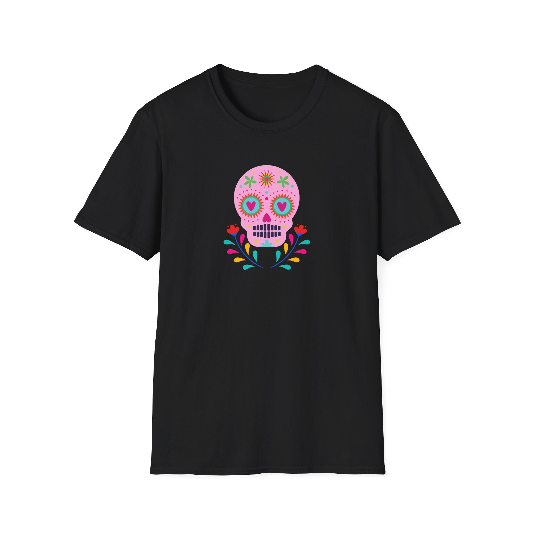 Colorful Skull Graphic T-Shirt, Day of the Dead Shirt, Unisex Softstyle Tee for Celebrations, Gifts for Her & Him