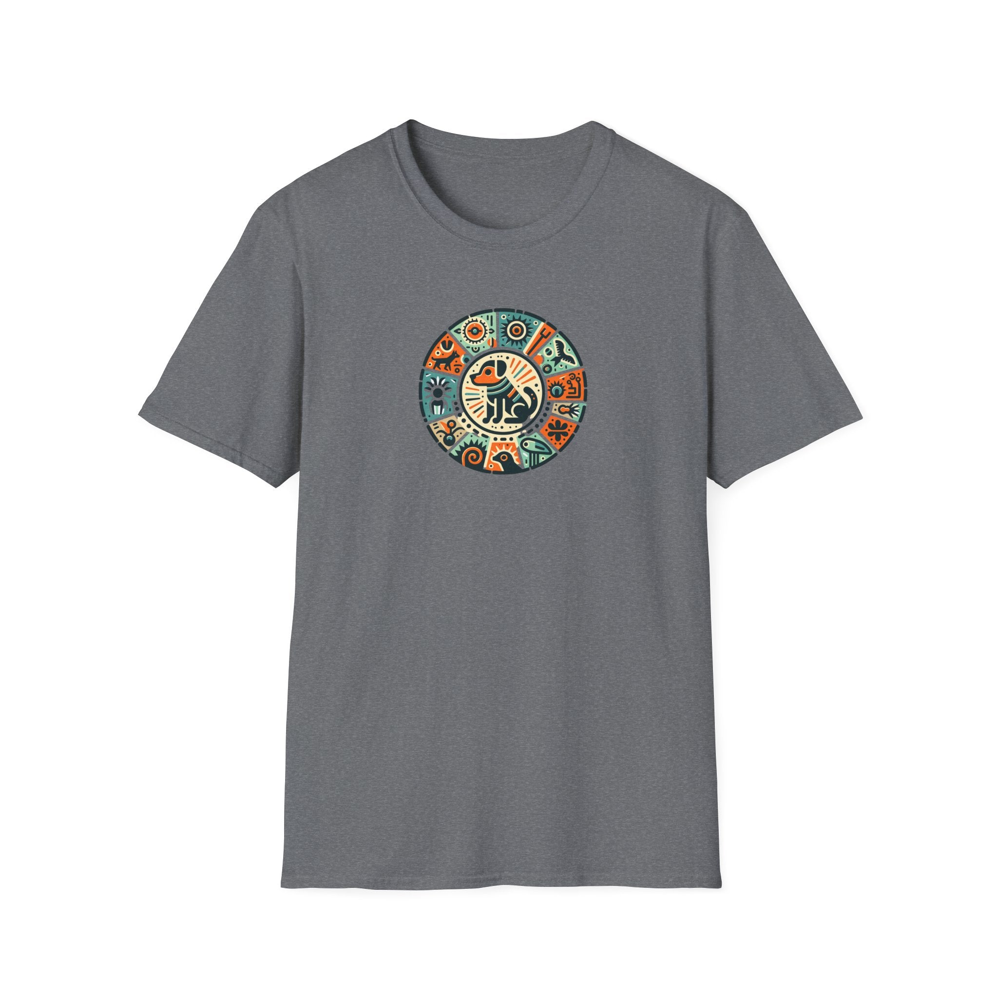 Artistic Dog Petroglyphs Unisex Softstyle T-Shirt, Bohemian Vibe, Casual Wear, Gift for Art Lovers, Vintage Style Tee