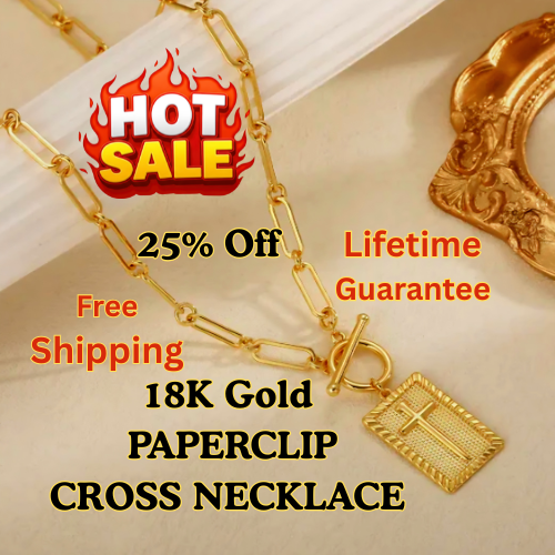 18K Gold Paperclip Cross Necklace, Gold Faith Pendant