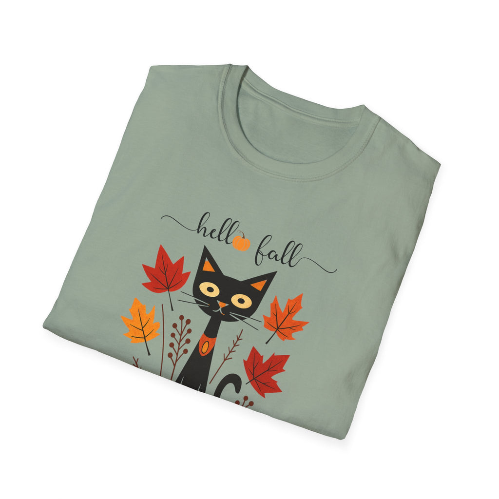 Retro Art Deco Hello Fall Cat T-Shirt, Fall Design Tee, Unisex Shirt, 60s Cat