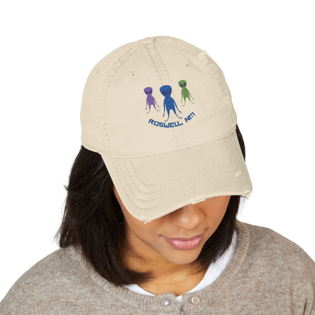 Roswell Alien Embroidered Dad Hat, Distressed Cap, Casual Summer Accessory, Perfect Gift for Sci-Fi Fans, Outdoor Adventures