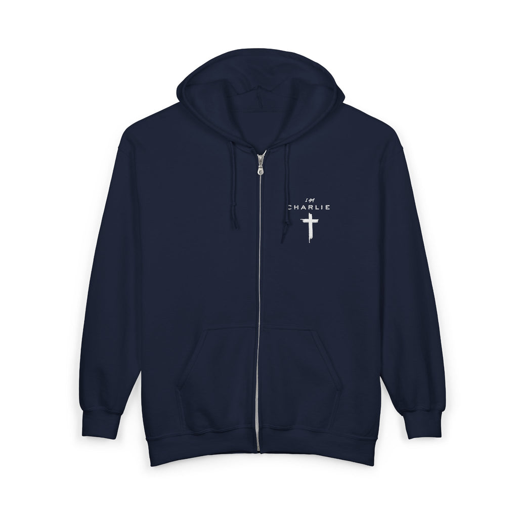 I AM CHARLIE, Embroidered Full Zip Hooded Sweatshirt, Cozy Inspirational Faith Hoodie Unisex Sizing