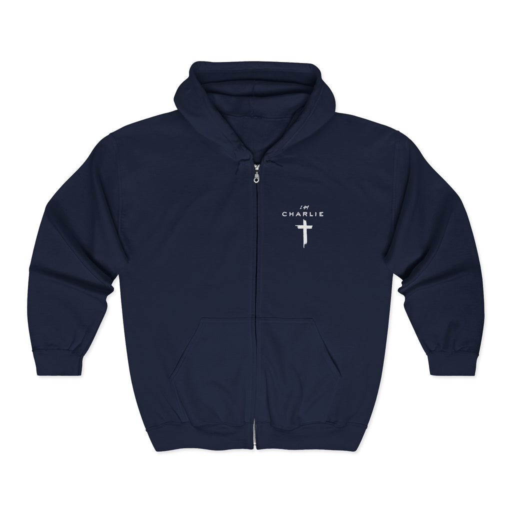 I AM CHARLIE, Embroidered Full Zip Hooded Sweatshirt, Cozy Inspirational Faith Hoodie Unisex Sizing