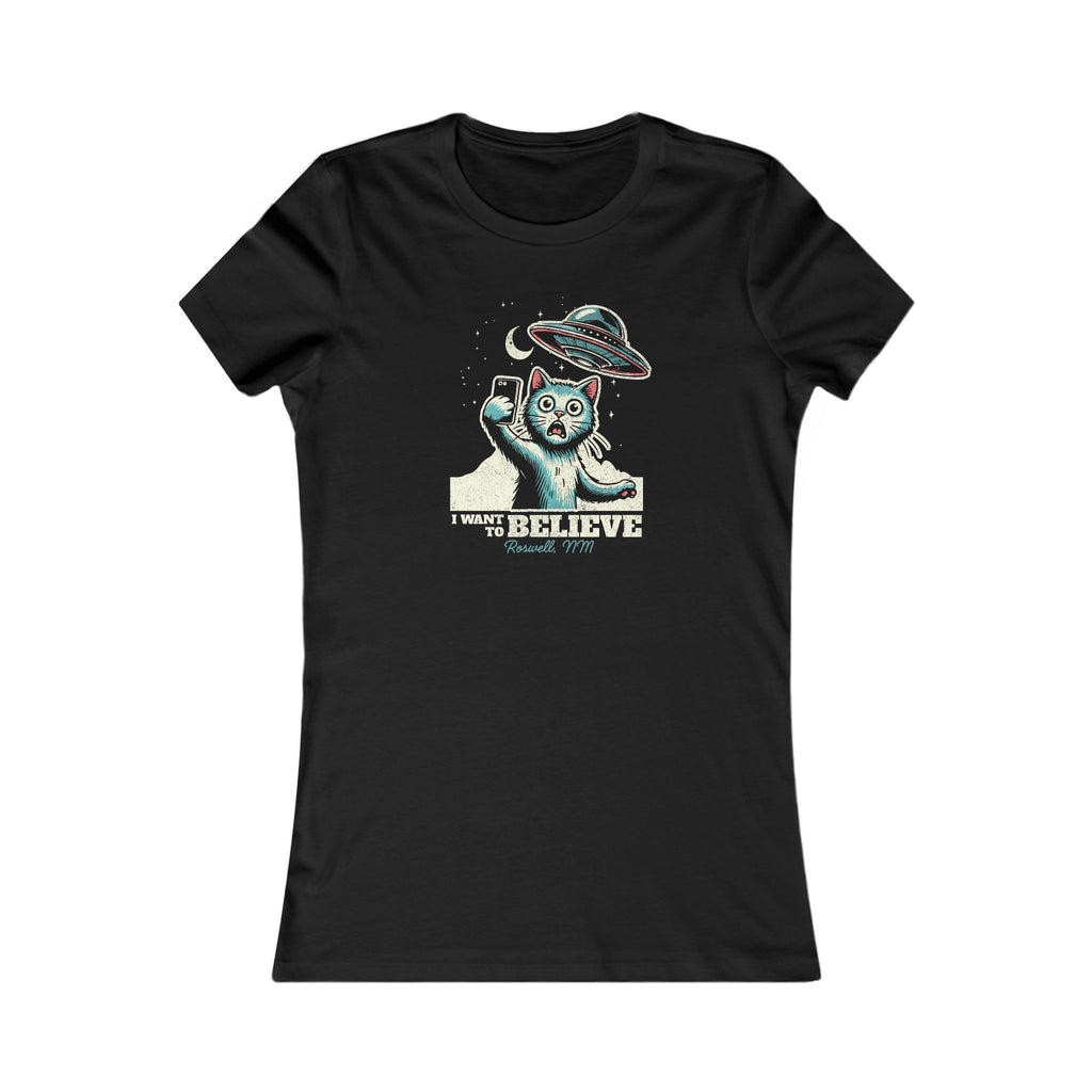 Cat Lover's UFO Believe Tee, Women's Favorite T-Shirt, I Want to Believe Shirt, Alien UFO Tee, Cat Lover's Tee