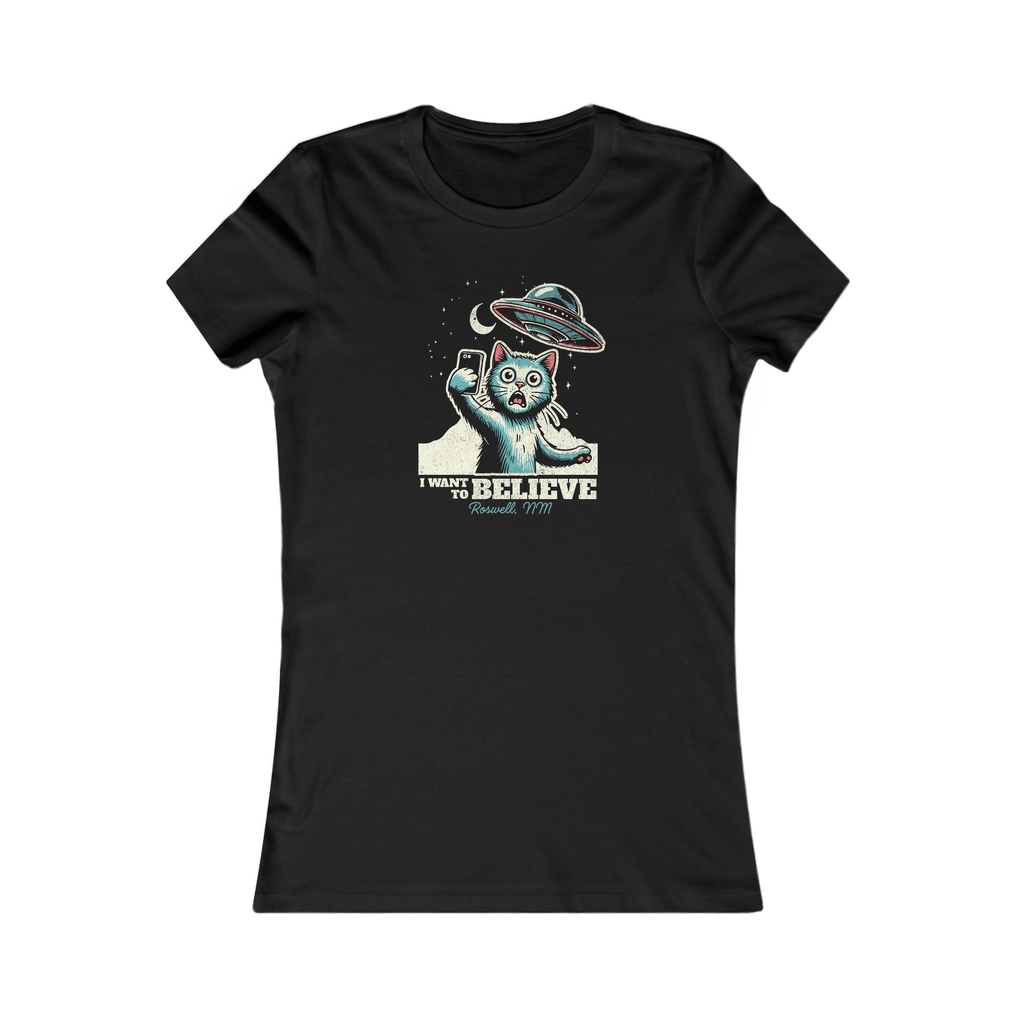 Cat Lover's UFO Believe Tee, Women's Favorite T-Shirt, I Want to Believe Shirt, Alien UFO Tee, Cat Lover's Tee