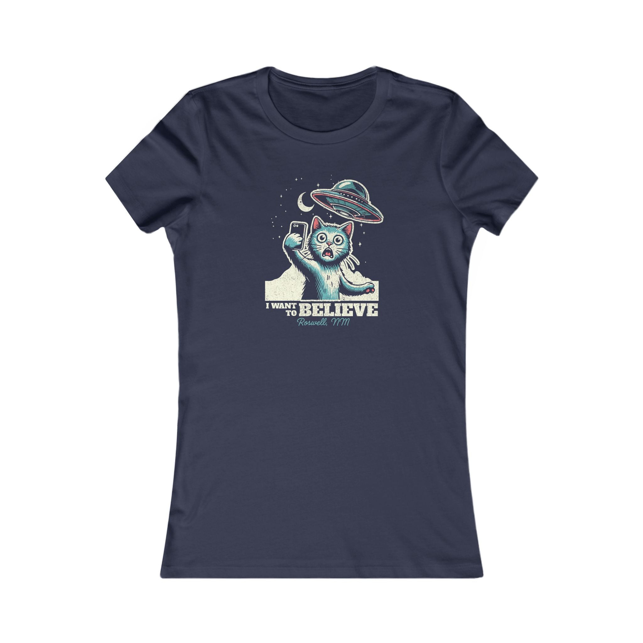 Cat Lover's UFO Believe Tee, Women's Favorite T-Shirt, I Want to Believe Shirt, Alien UFO Tee, Cat Lover's Tee