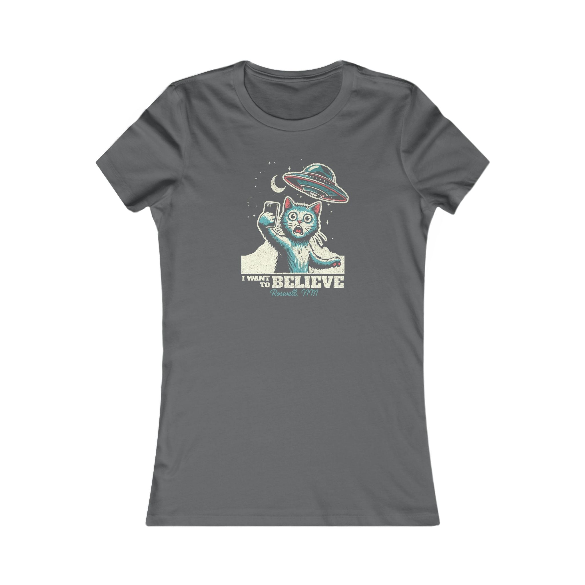Cat Lover's UFO Believe Tee, Women's Favorite T-Shirt, I Want to Believe Shirt, Alien UFO Tee, Cat Lover's Tee