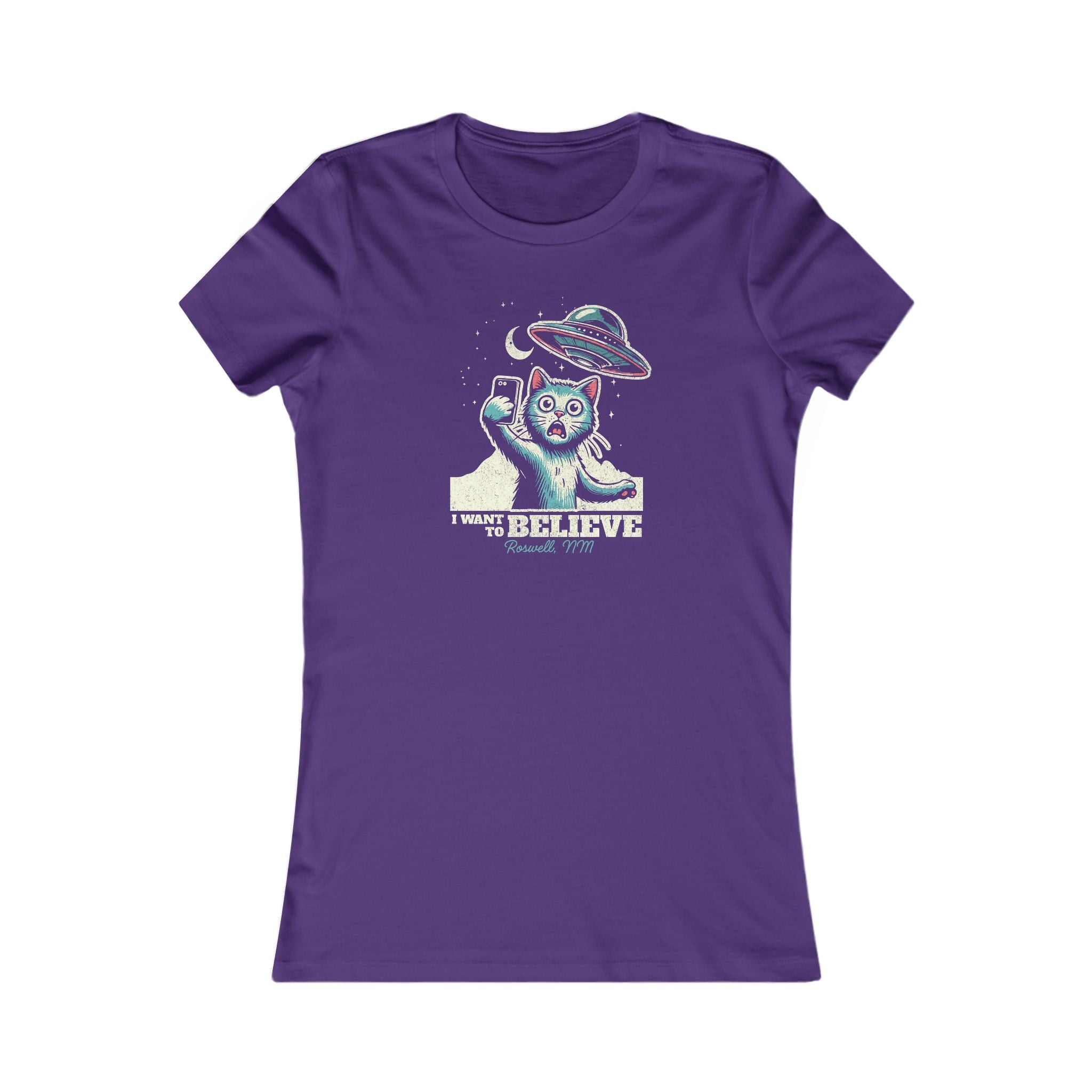 Cat Lover's UFO Believe Tee, Women's Favorite T-Shirt, I Want to Believe Shirt, Alien UFO Tee, Cat Lover's Tee