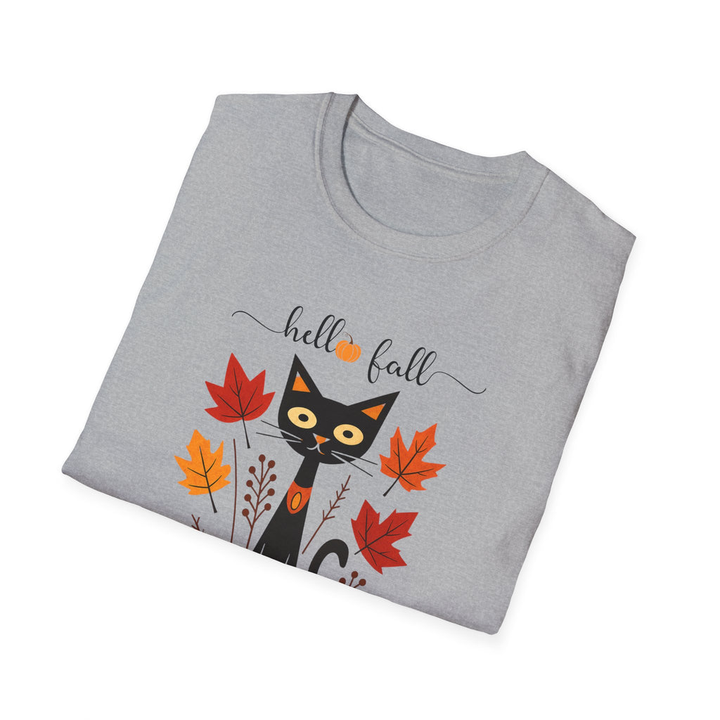 Retro Art Deco Hello Fall Cat T-Shirt, Fall Design Tee, Unisex Shirt, 60s Cat