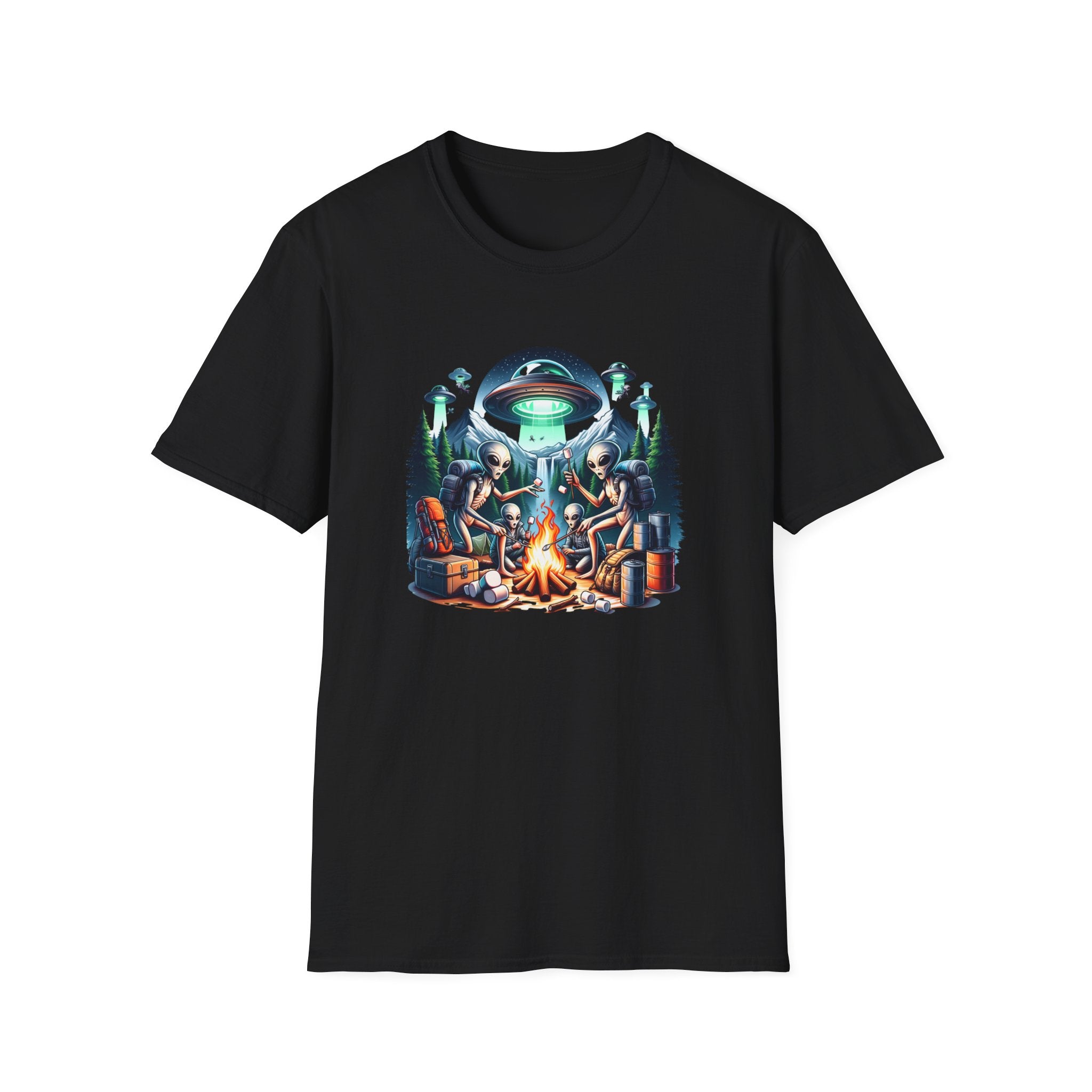 Alien Campfire T-Shirt, Tee for UFO Enthusiasts, Fun Gifts for Halloween and Sci-Fi Lovers, Unisex Tee