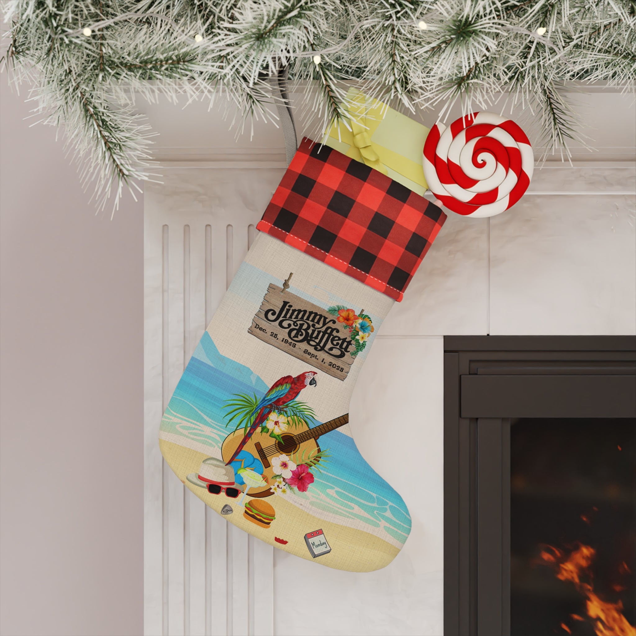 Jimmy Buffett Linen Plaid Christmas Stocking, Jimmy Buffett Memorabilia