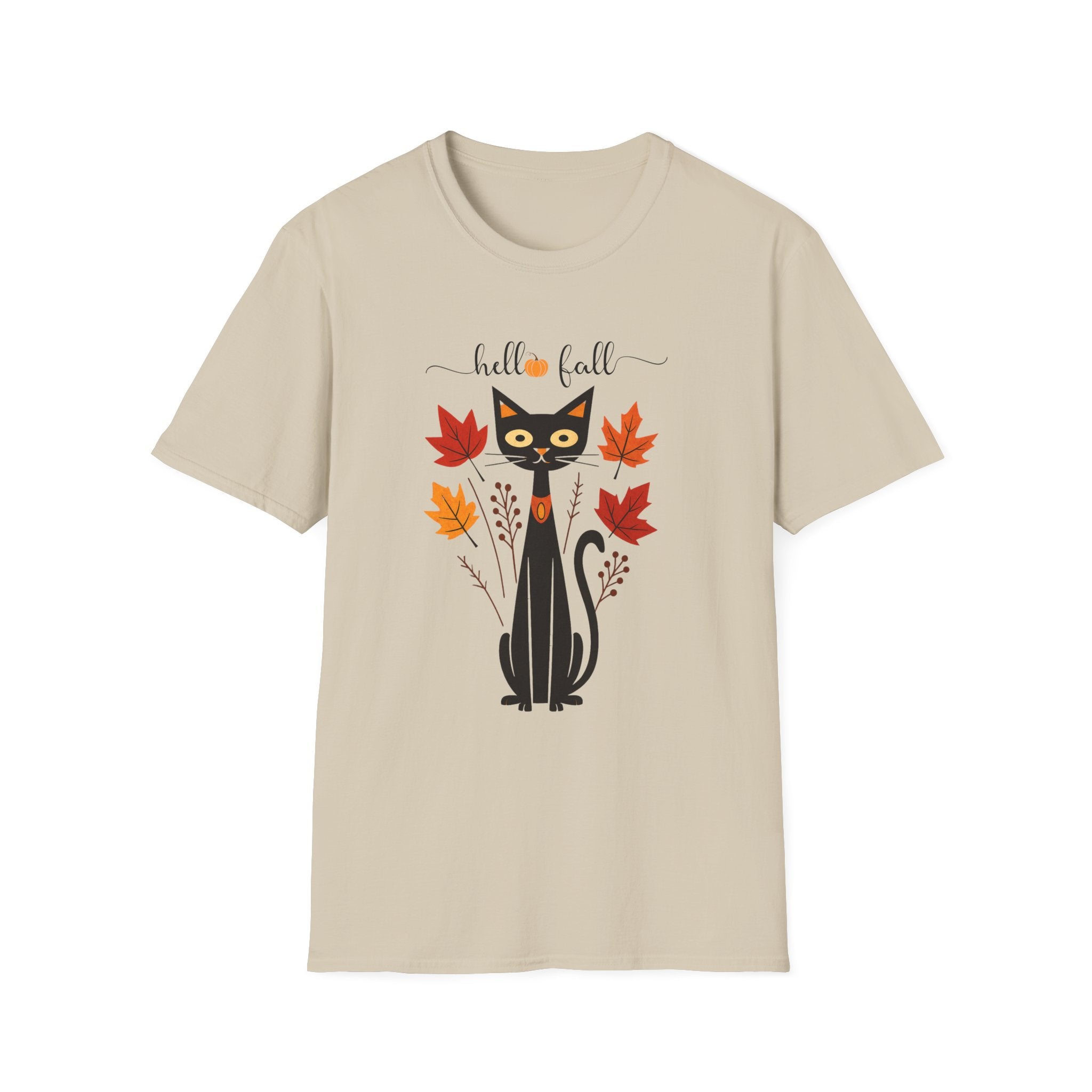 Retro Art Deco Hello Fall Cat T-Shirt, Fall Design Tee, Unisex Shirt, 60s Cat
