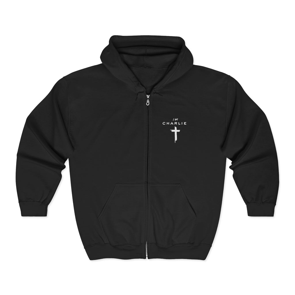 I AM CHARLIE, Embroidered Full Zip Hooded Sweatshirt, Cozy Inspirational Faith Hoodie Unisex Sizing