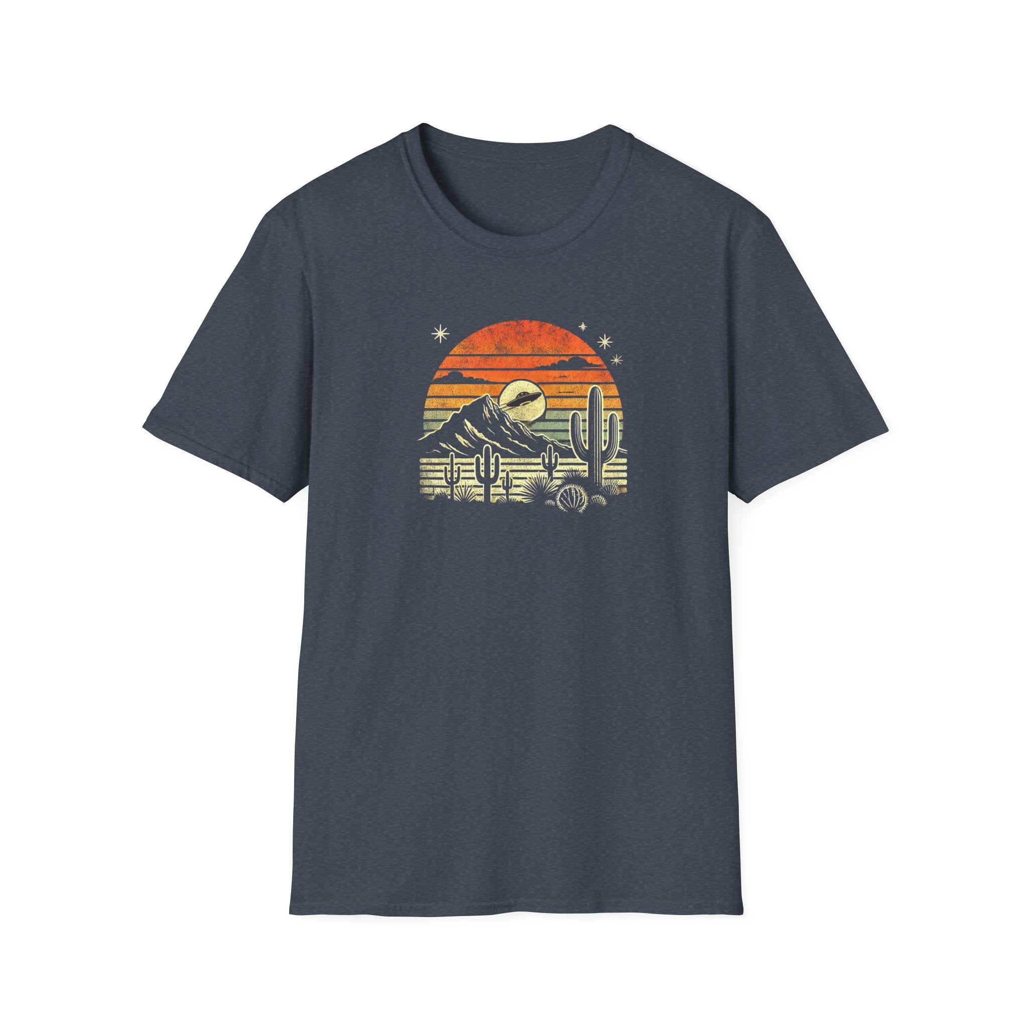 Desert UFO Sunset T-Shirt | Unisex Retro Graphic Tee, Cactus Design, Boho Style, Outdoor Adventure Shirt, Gift for Nature Lovers - Vintage