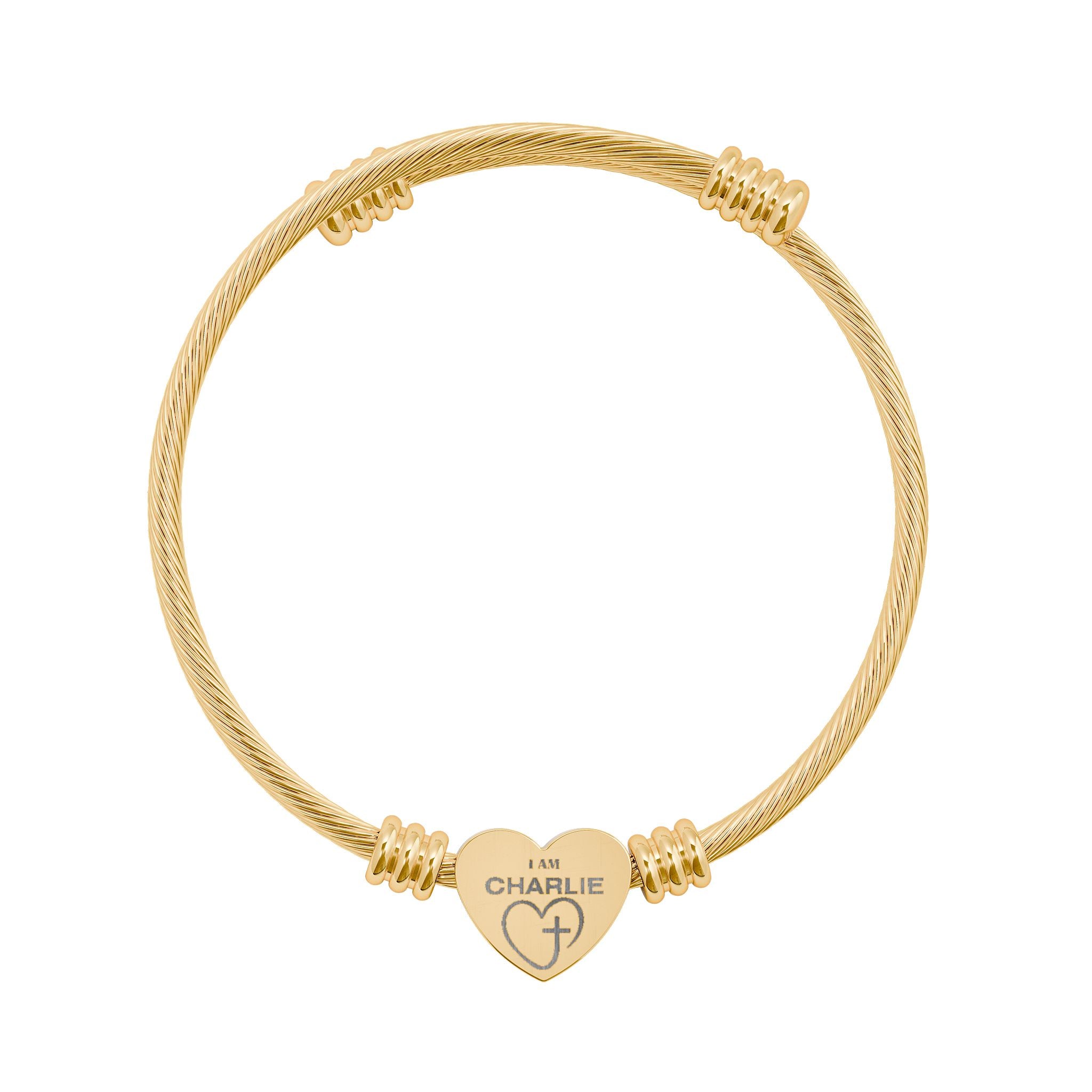 18k Gold,  "I Am Charlie", Engraved Heart Bracelet, Personalized Gold Bangle, Cable Wire Cuff, Memorial Tribute Jewelry, Charlie Kirk