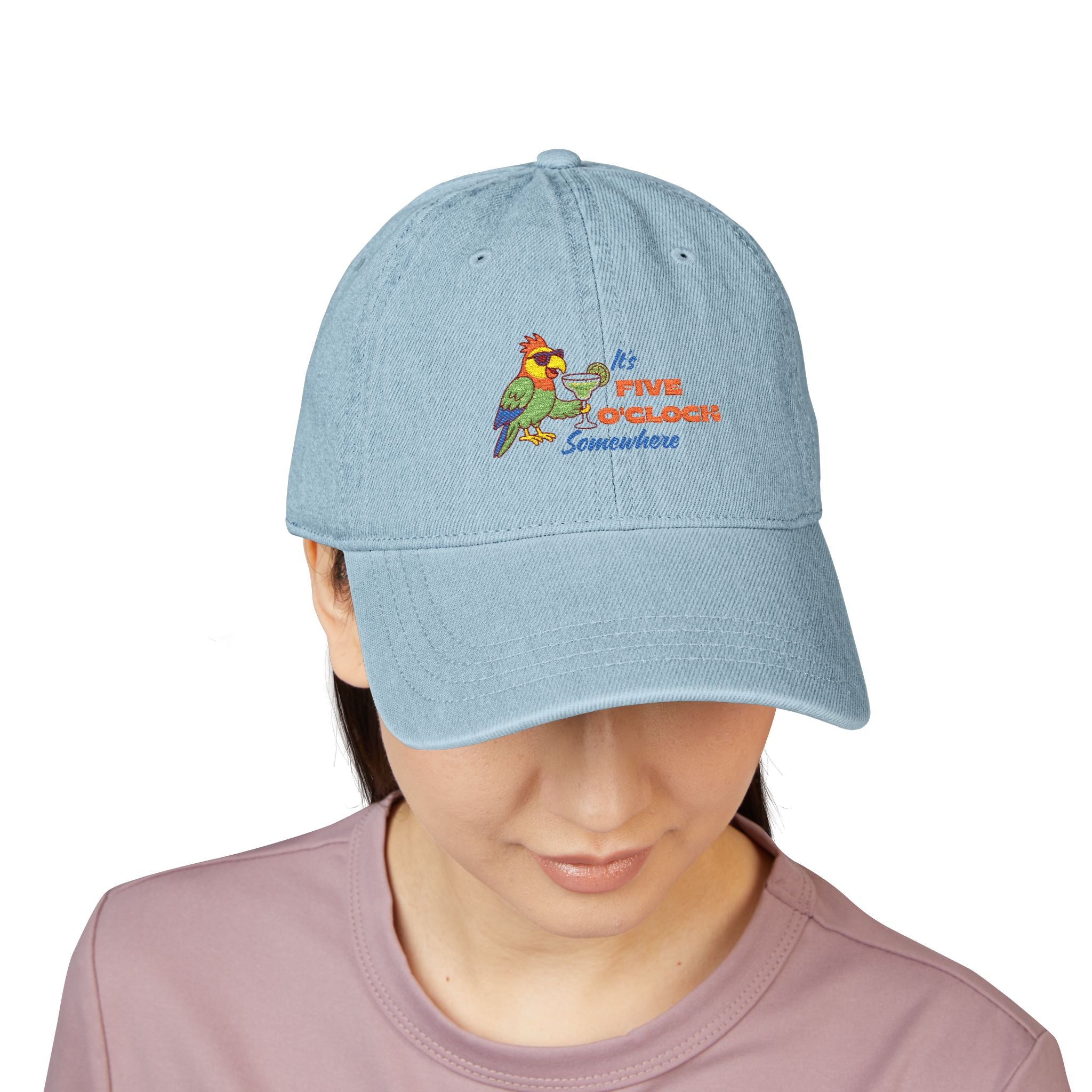 Its Five O'Clock Somewhere Embroidered Denim Hat, Tropical Summer Cap, Margaritaville Hat, Summer Accessories, Vacation Hats, Casual Style