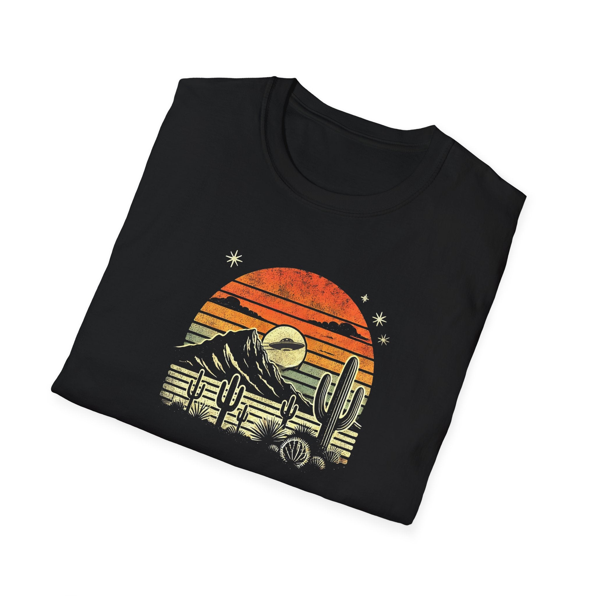 Desert UFO Sunset T-Shirt | Unisex Retro Graphic Tee, Cactus Design, Boho Style, Outdoor Adventure Shirt, Gift for Nature Lovers - Vintage