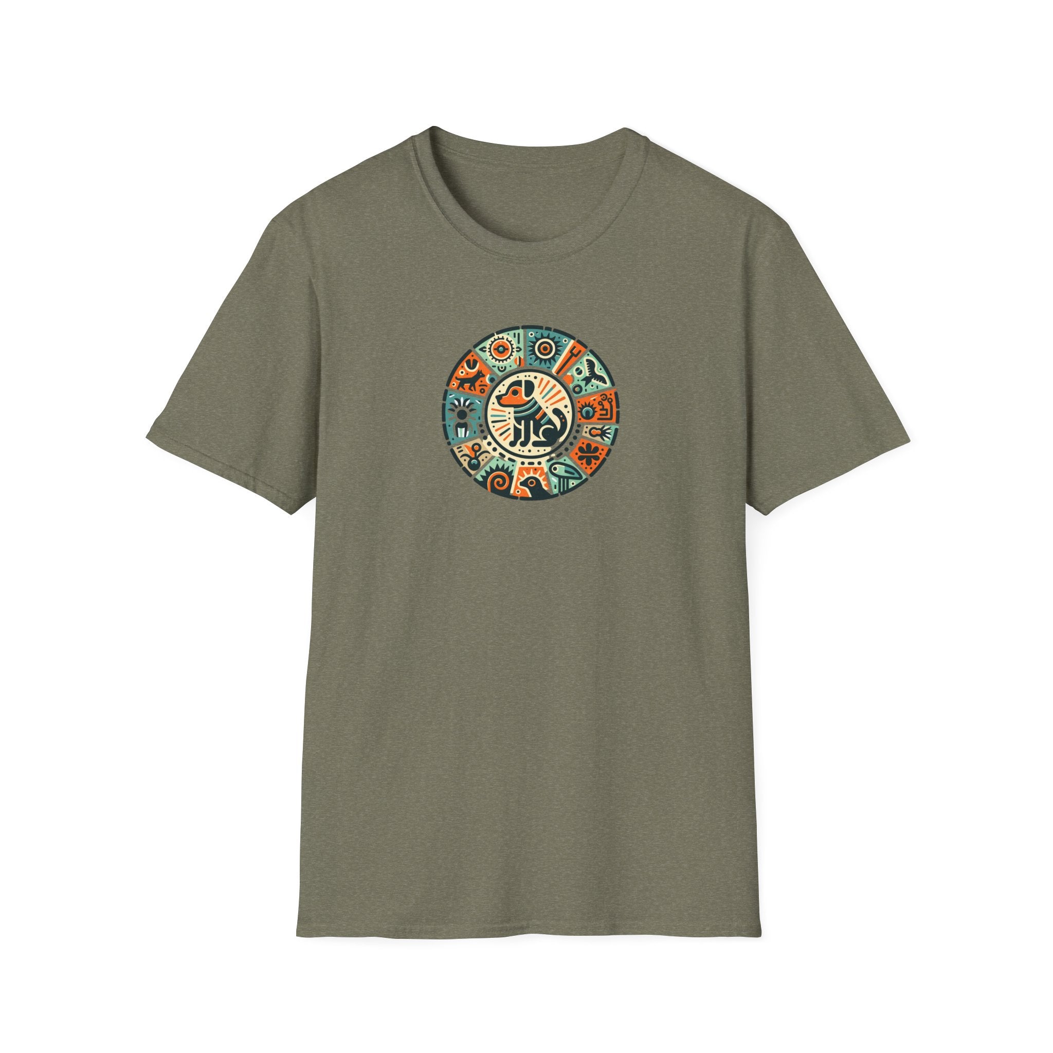 Artistic Dog Petroglyphs Unisex Softstyle T-Shirt, Bohemian Vibe, Casual Wear, Gift for Art Lovers, Vintage Style Tee