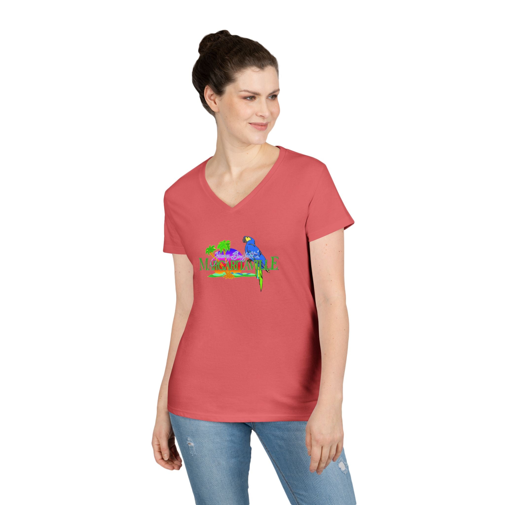 Colorful V-Neck T-Shirt with Tropical Birds Design, Cute Summer Top, Gift for Bird Lovers, Casual Wear, Vacation Outfit