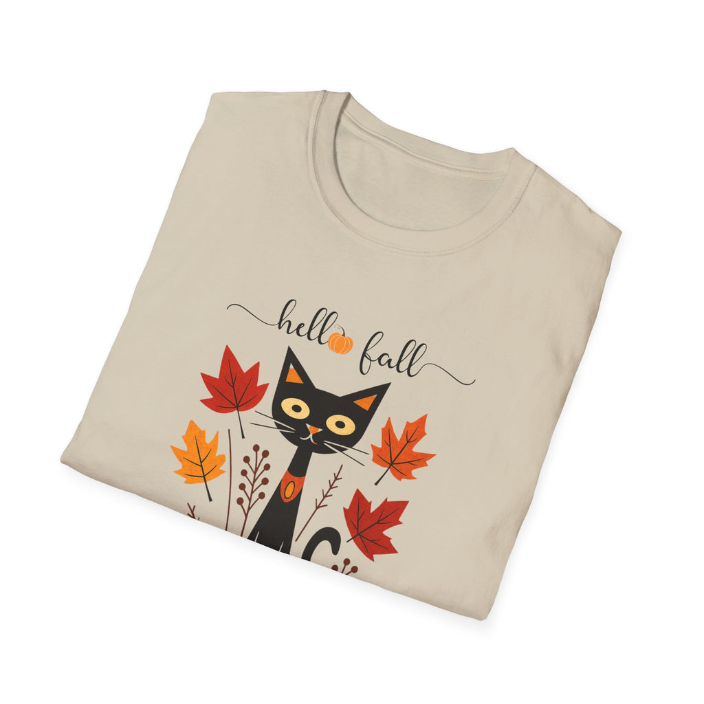Retro Art Deco Hello Fall Cat T-Shirt, Fall Design Tee, Unisex Shirt, 60s Cat