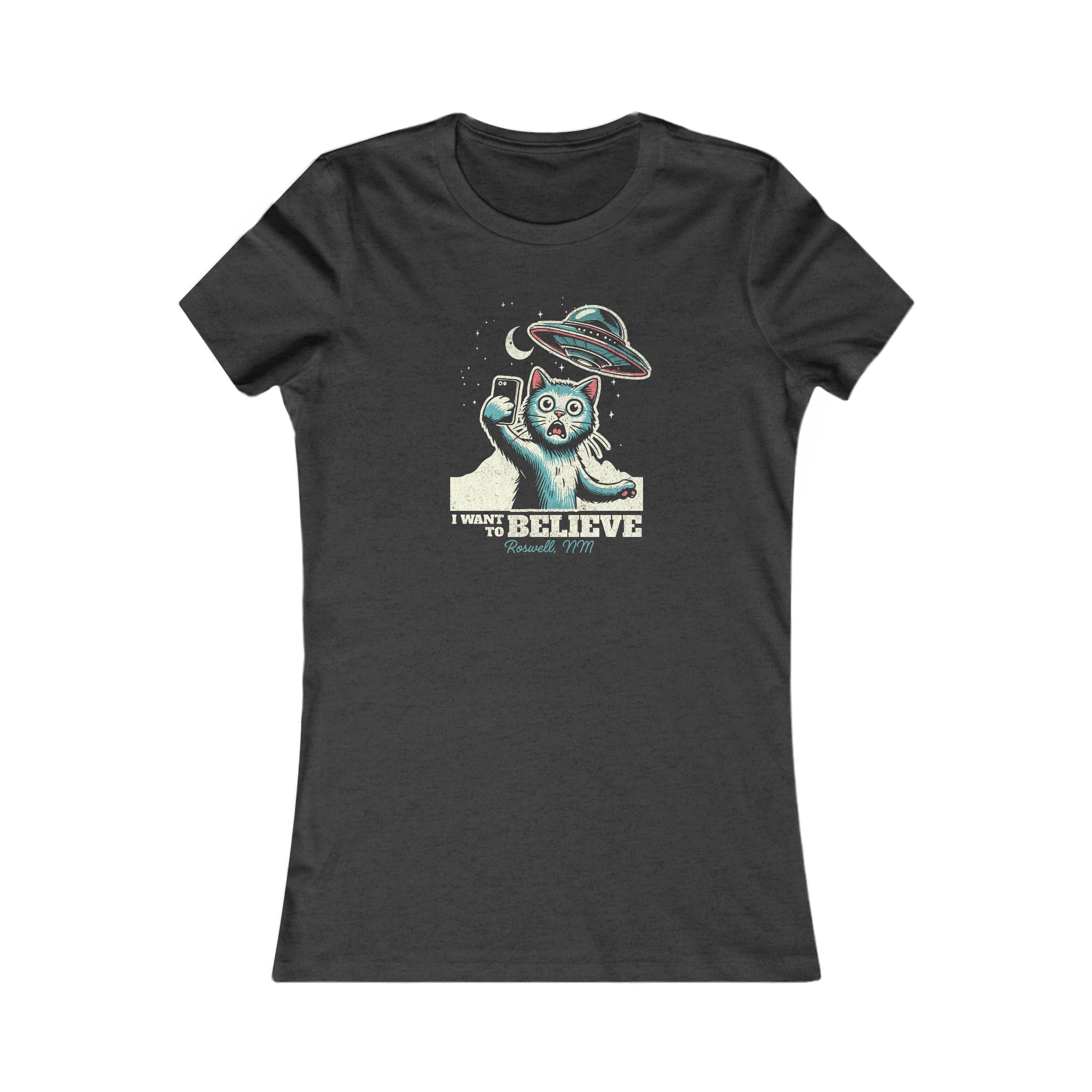 Cat Lover's UFO Believe Tee, Women's Favorite T-Shirt, I Want to Believe Shirt, Alien UFO Tee, Cat Lover's Tee