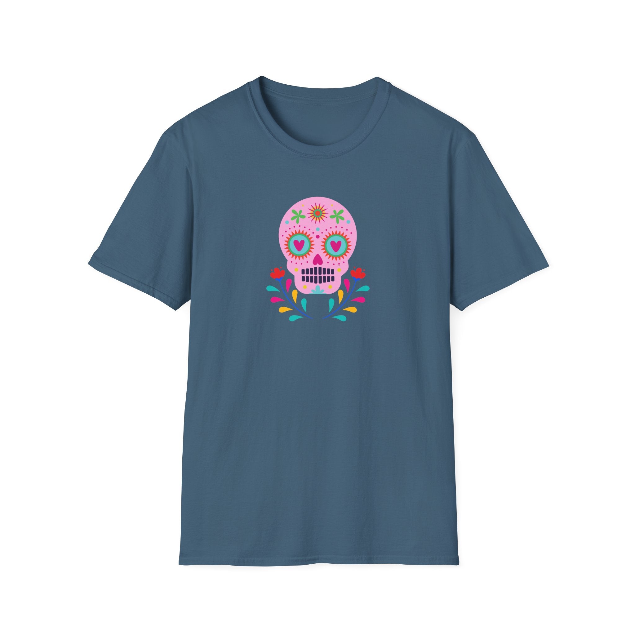Colorful Skull Graphic T-Shirt, Day of the Dead Shirt, Unisex Softstyle Tee for Celebrations, Gifts for Her & Him