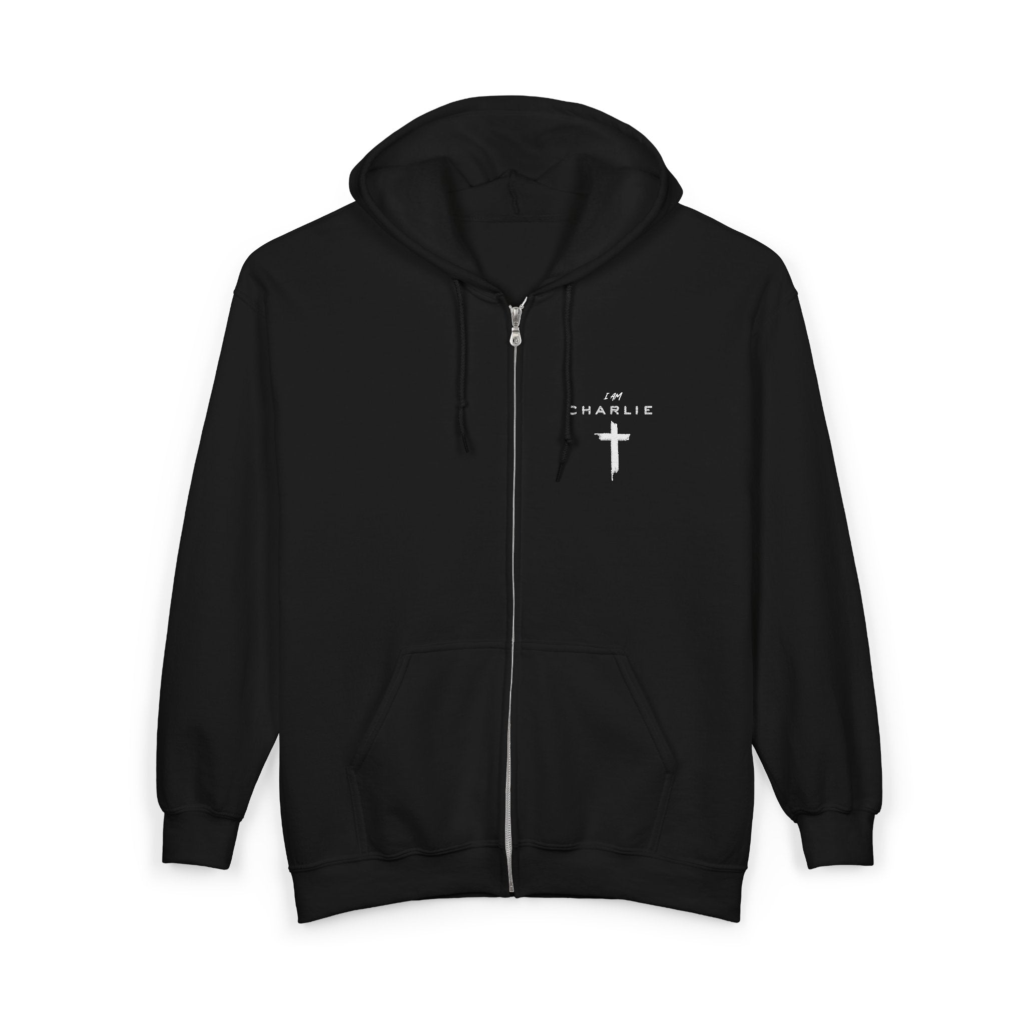 I AM CHARLIE, Embroidered Full Zip Hooded Sweatshirt, Cozy Inspirational Faith Hoodie Unisex Sizing