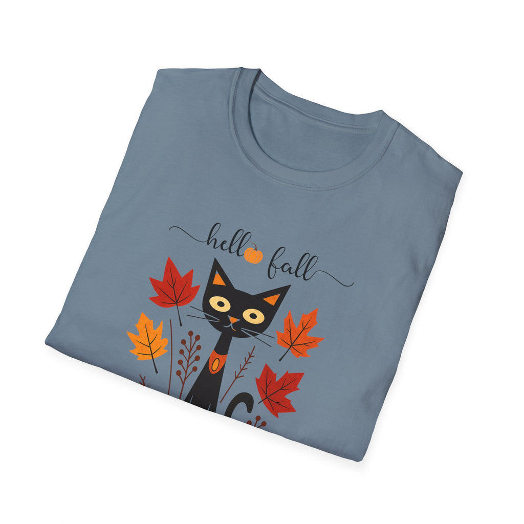 Retro Art Deco Hello Fall Cat T-Shirt, Fall Design Tee, Unisex Shirt, 60s Cat