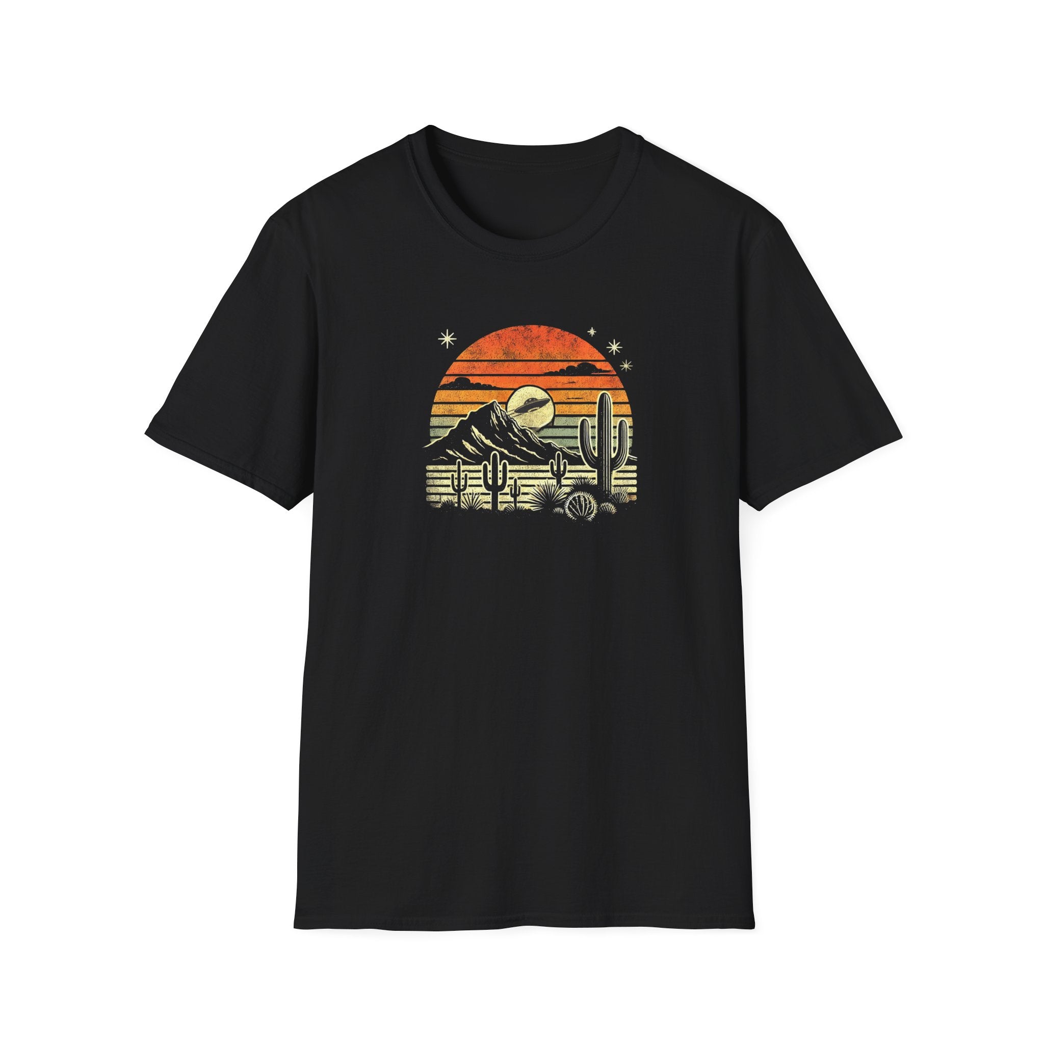 Desert UFO Sunset T-Shirt | Unisex Retro Graphic Tee, Cactus Design, Boho Style, Outdoor Adventure Shirt, Gift for Nature Lovers - Vintage