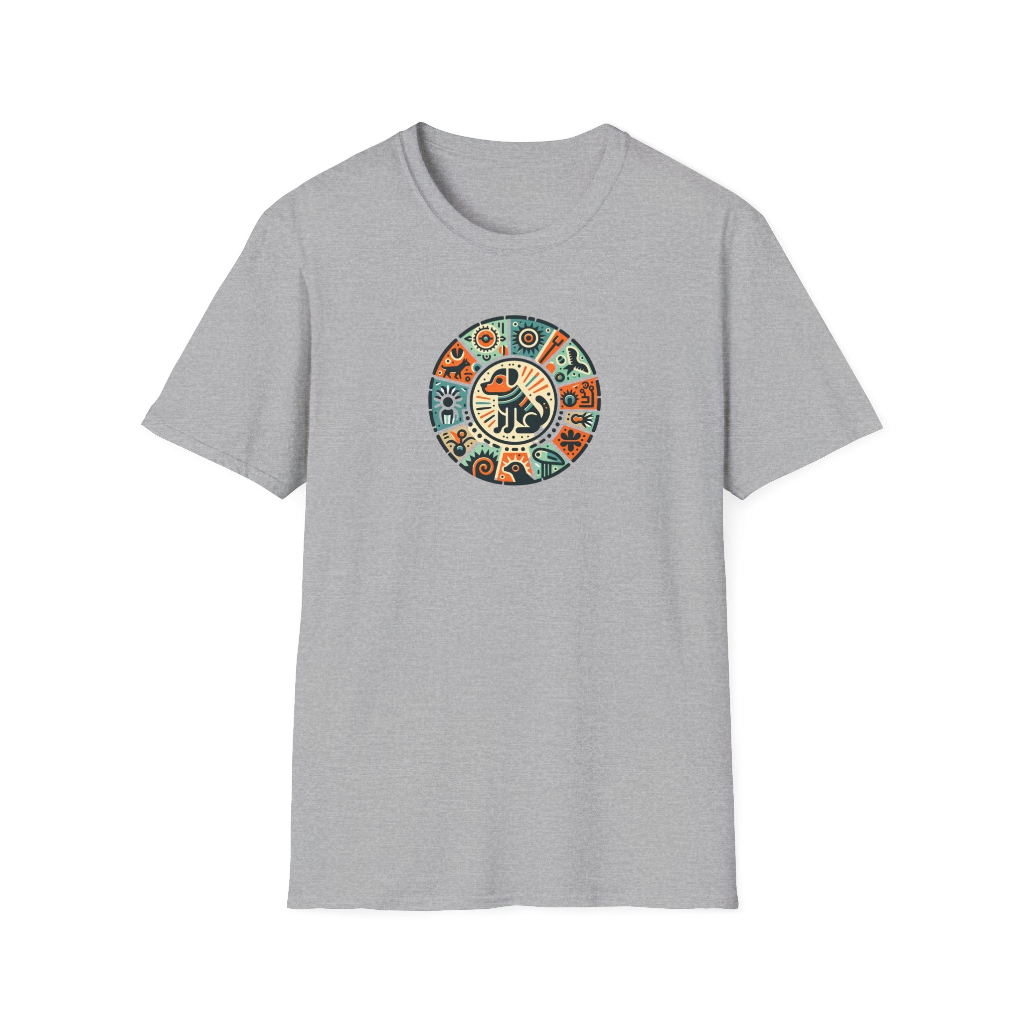 Artistic Dog Petroglyphs Unisex Softstyle T-Shirt, Bohemian Vibe, Casual Wear, Gift for Art Lovers, Vintage Style Tee