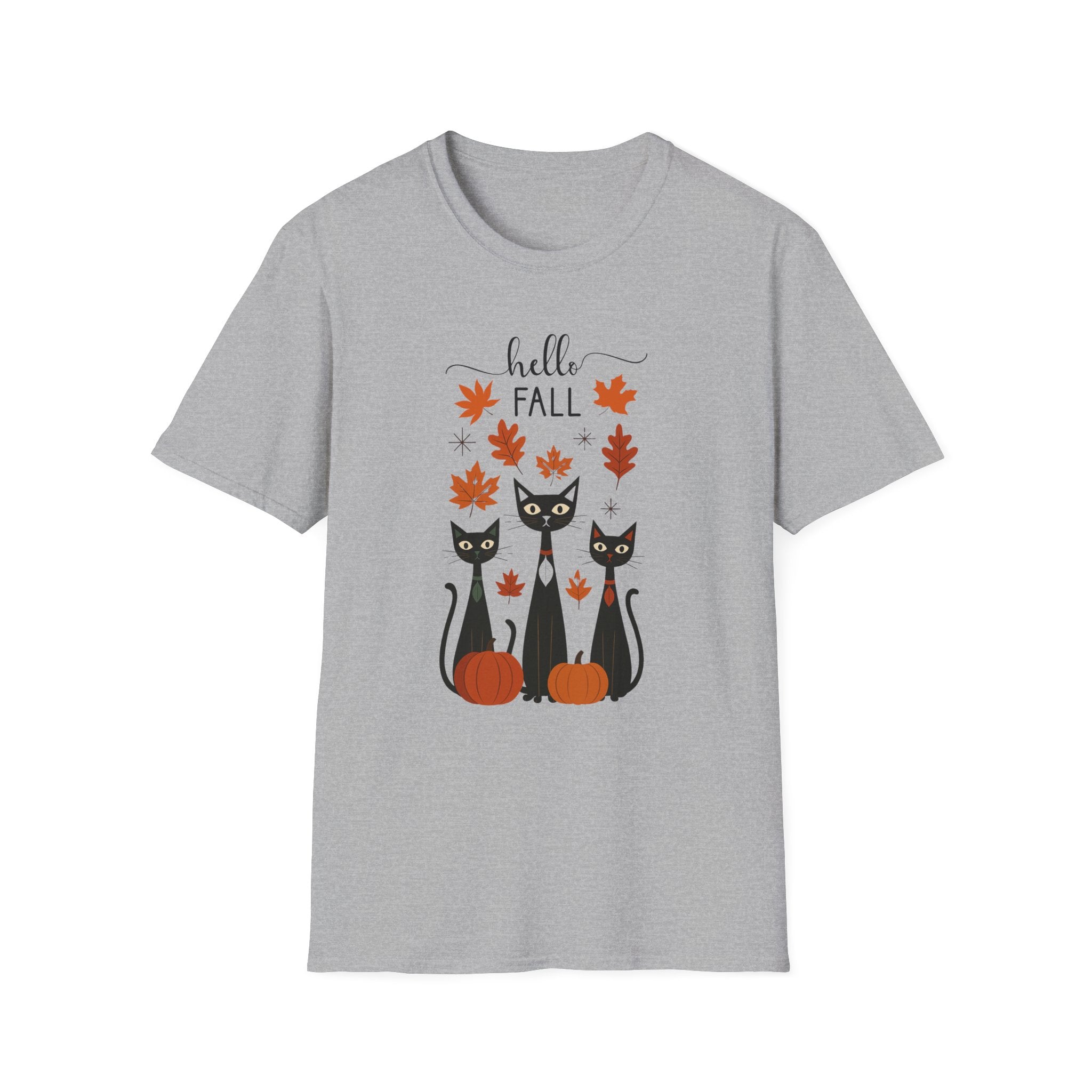 Retro Art Deco Hello Fall Cat T-Shirt, Fall Design Tee, Unisex Shirt, 60s Cat