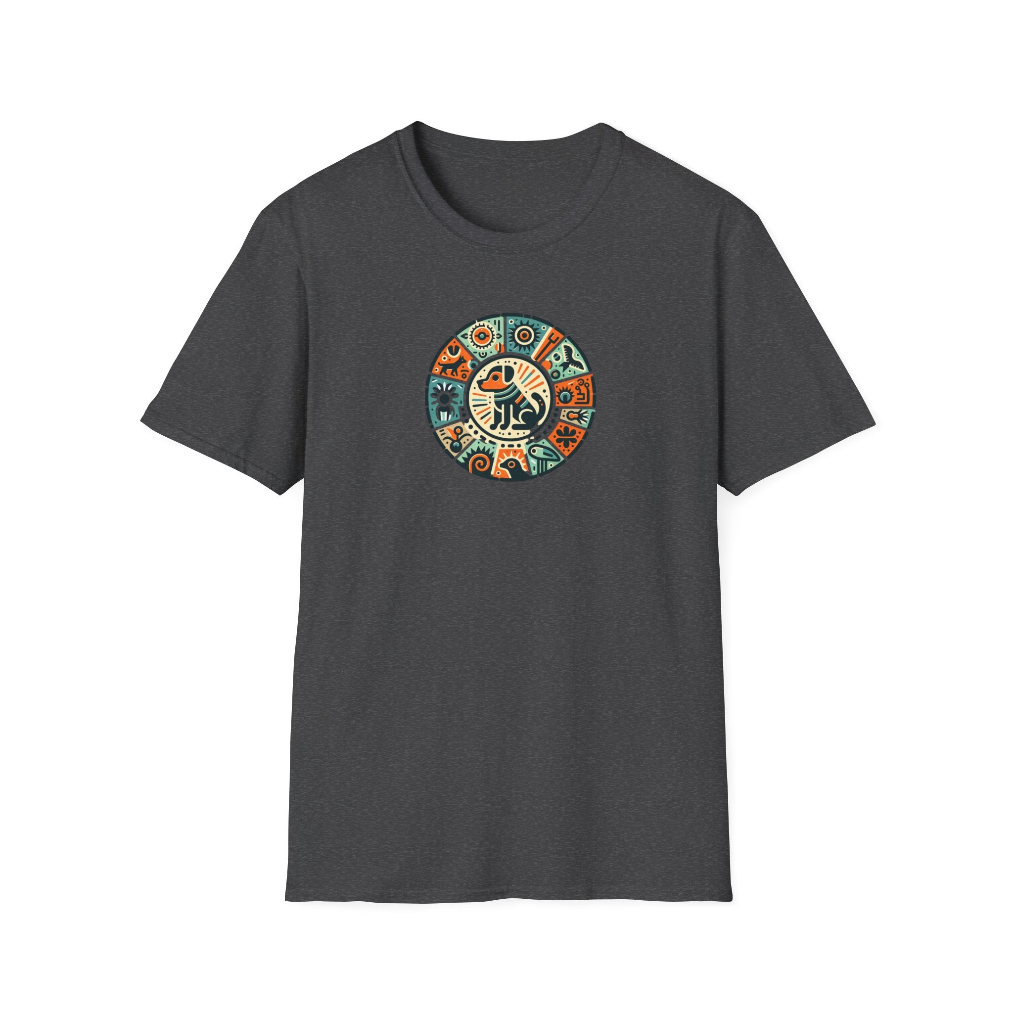 Artistic Dog Petroglyphs Unisex Softstyle T-Shirt, Bohemian Vibe, Casual Wear, Gift for Art Lovers, Vintage Style Tee