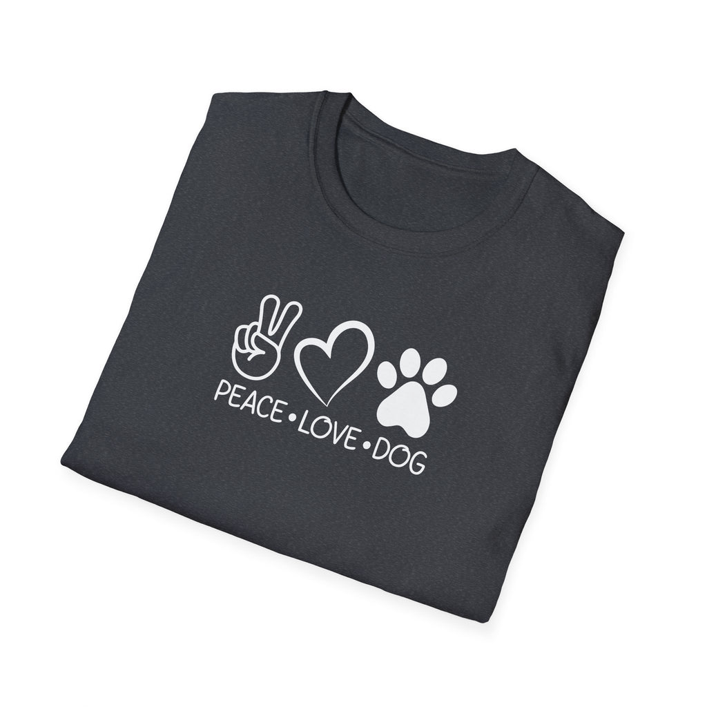Peace Love Dog Unisex Softstyle T-Shirt, Perfect Gift for Dog Lovers, Casual Wear, Pet Lovers' Day, Adoption Events, Animal Lovers