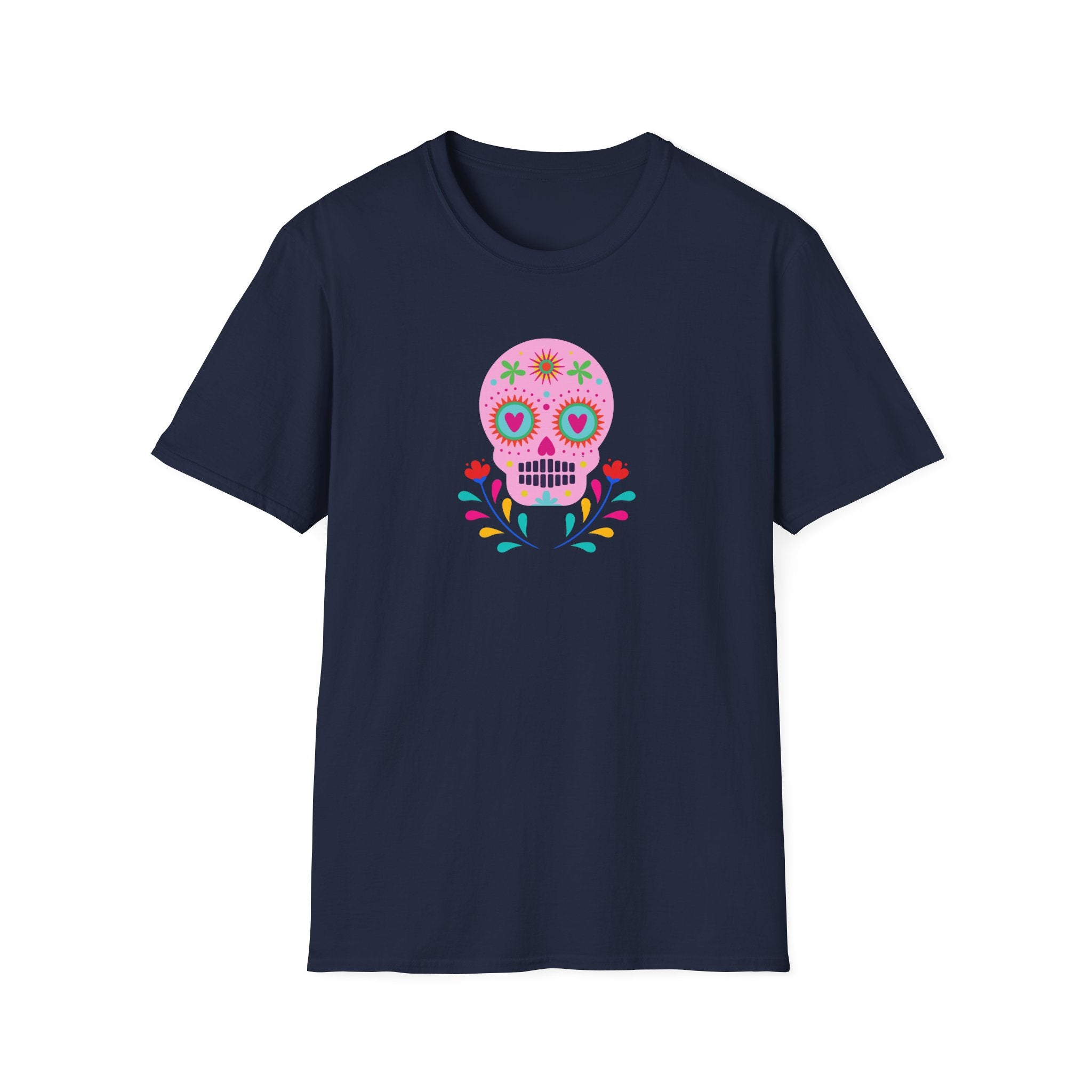 Colorful Skull Graphic T-Shirt, Day of the Dead Shirt, Unisex Softstyle Tee for Celebrations, Gifts for Her & Him