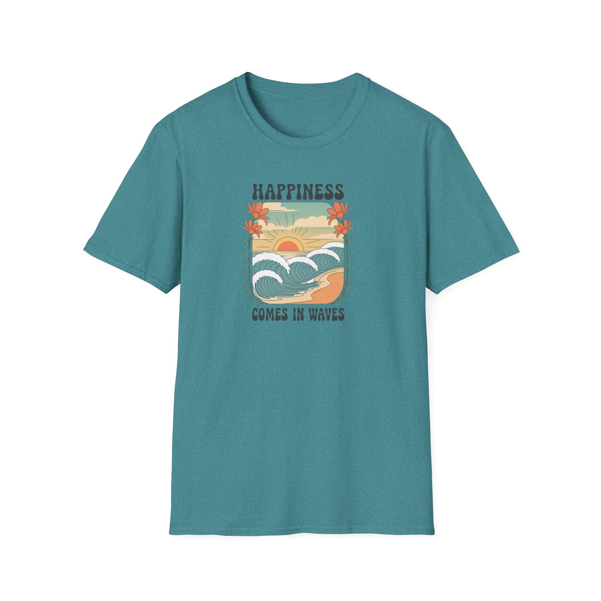 Happiness Comes in Waves T-Shirt, Unisex Softstyle Tee, Summer Graphic Tee, Beach Lover Shirt, Vacation Outfit, Gift for Nature Lovers