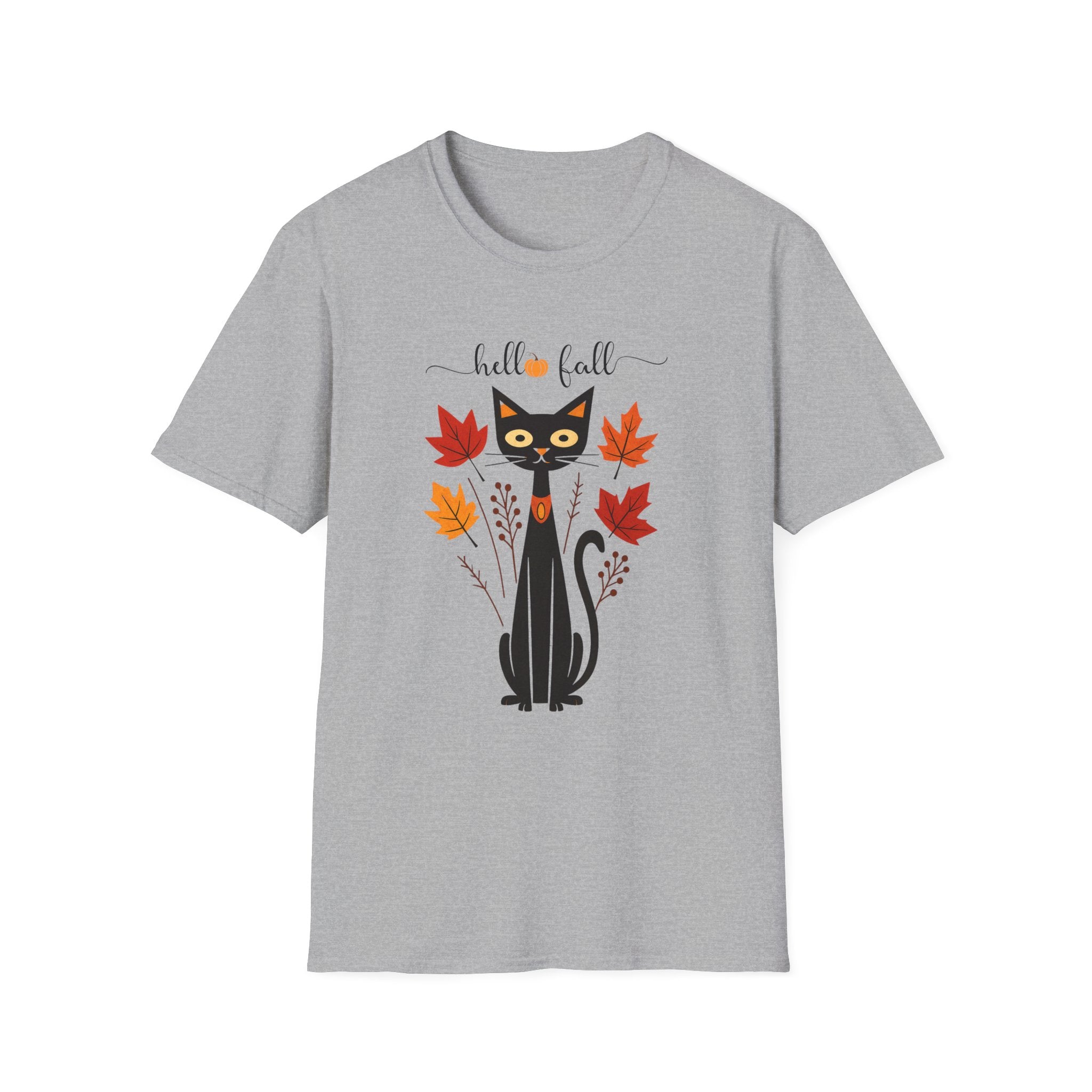 Retro Art Deco Hello Fall Cat T-Shirt, Fall Design Tee, Unisex Shirt, 60s Cat