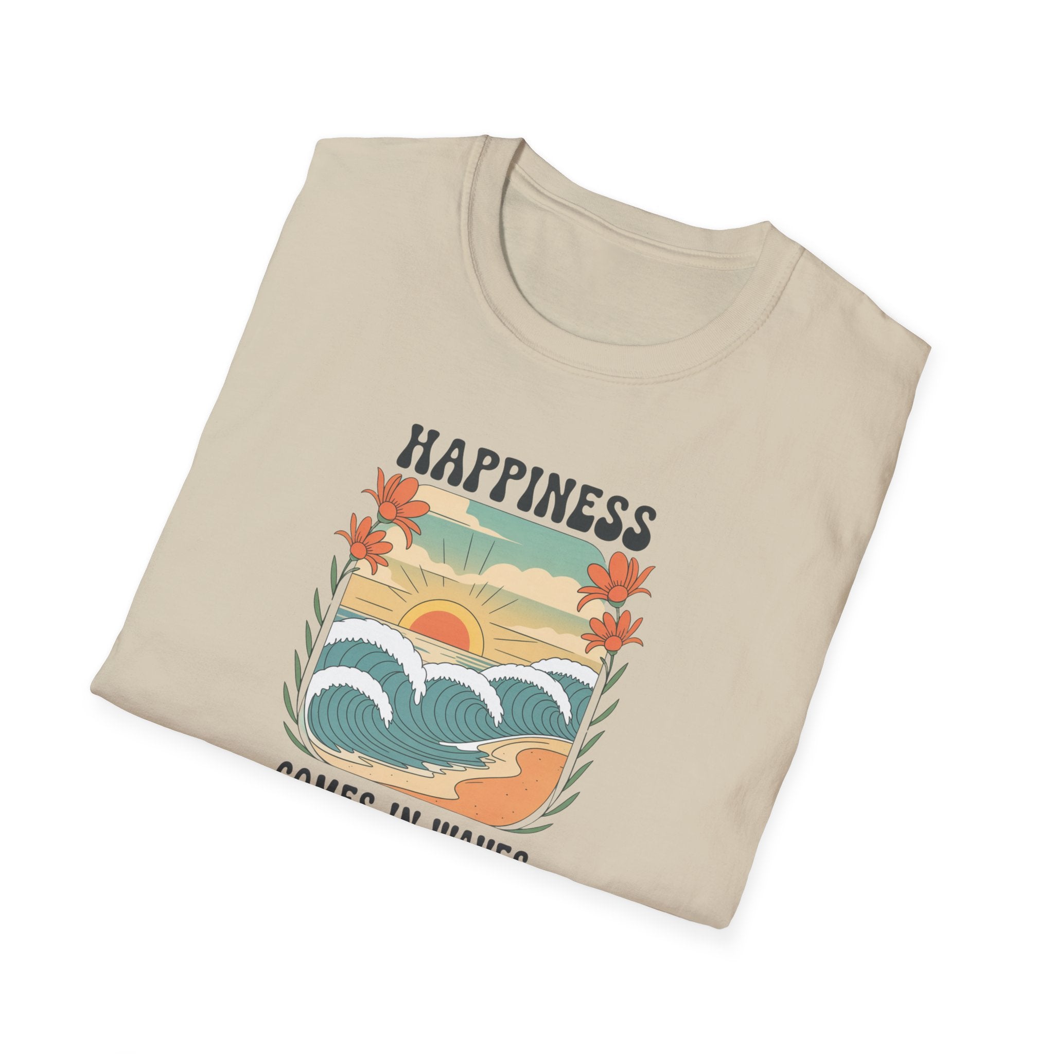 Happiness Comes in Waves T-Shirt, Unisex Softstyle Tee, Summer Graphic Tee, Beach Lover Shirt, Vacation Outfit, Gift for Nature Lovers