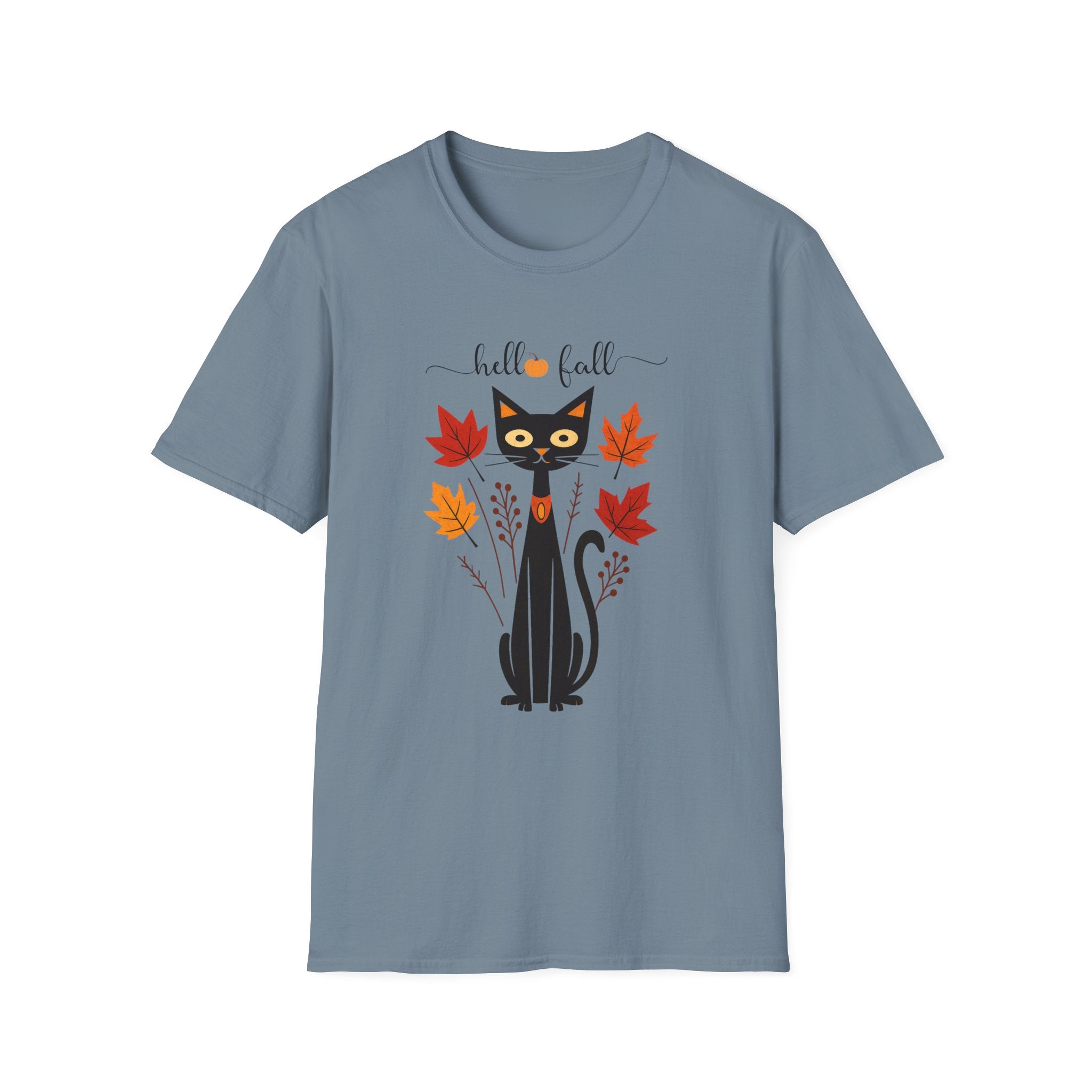 Retro Art Deco Hello Fall Cat T-Shirt, Fall Design Tee, Unisex Shirt, 60s Cat