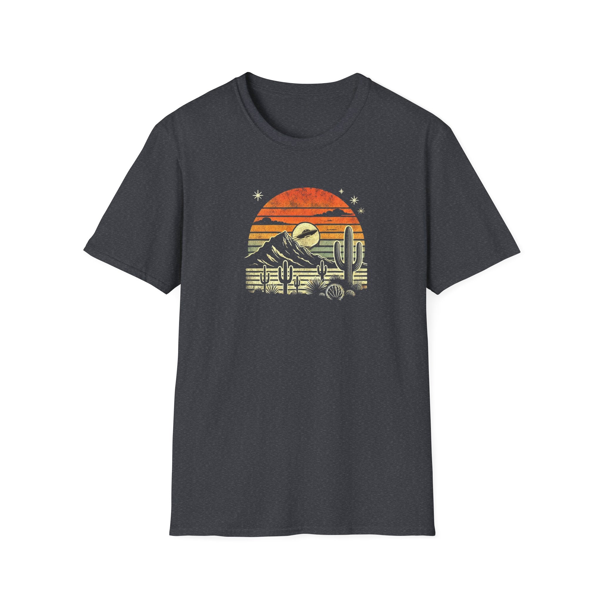 Desert UFO Sunset T-Shirt | Unisex Retro Graphic Tee, Cactus Design, Boho Style, Outdoor Adventure Shirt, Gift for Nature Lovers - Vintage