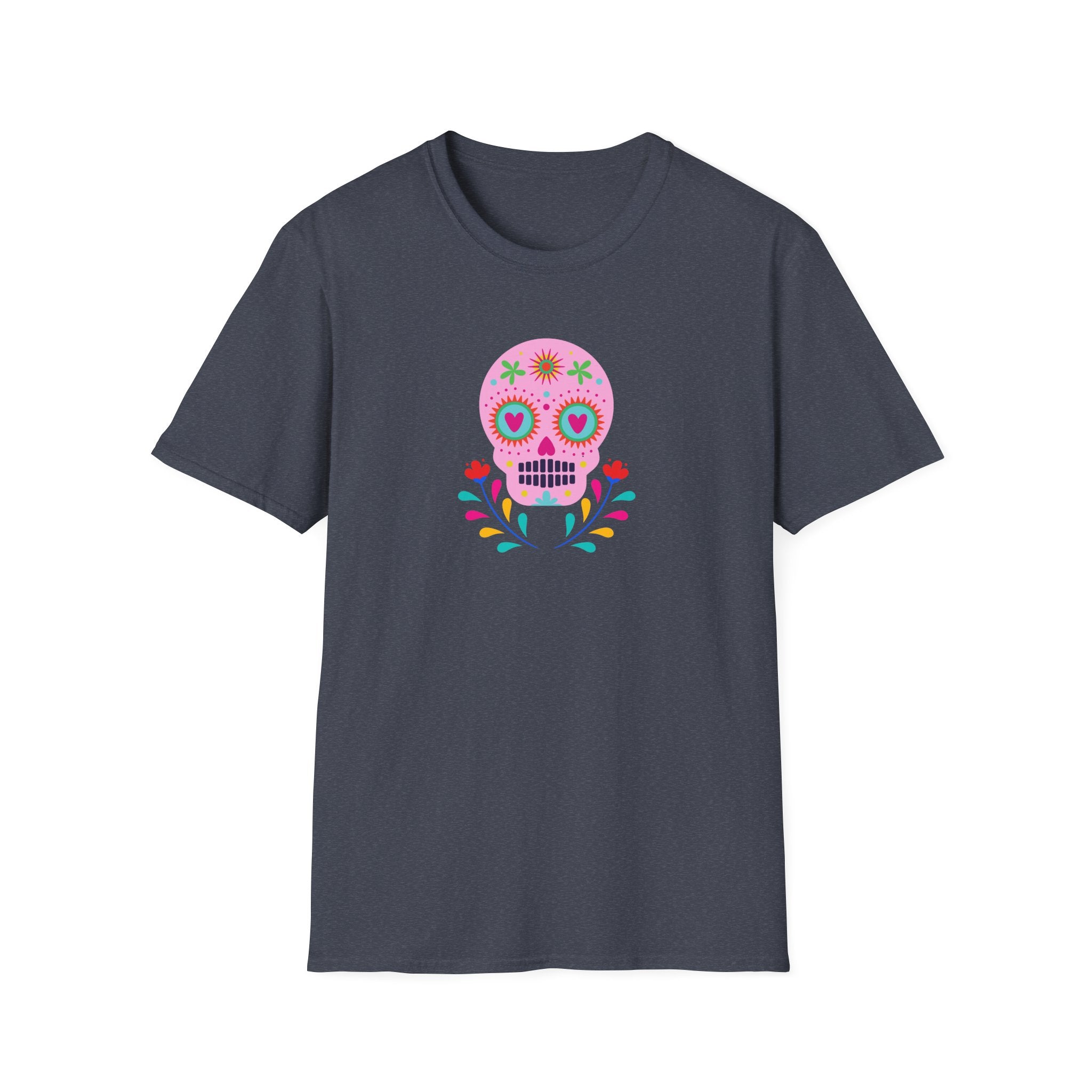 Colorful Skull Graphic T-Shirt, Day of the Dead Shirt, Unisex Softstyle Tee for Celebrations, Gifts for Her & Him
