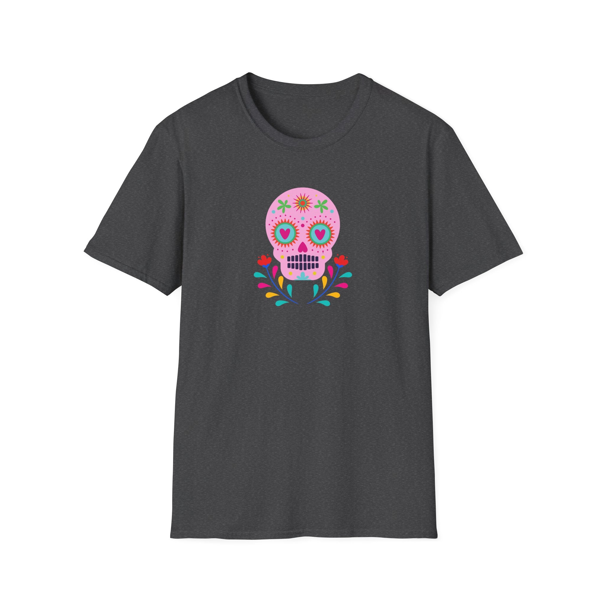 Colorful Skull Graphic T-Shirt, Day of the Dead Shirt, Unisex Softstyle Tee for Celebrations, Gifts for Her & Him